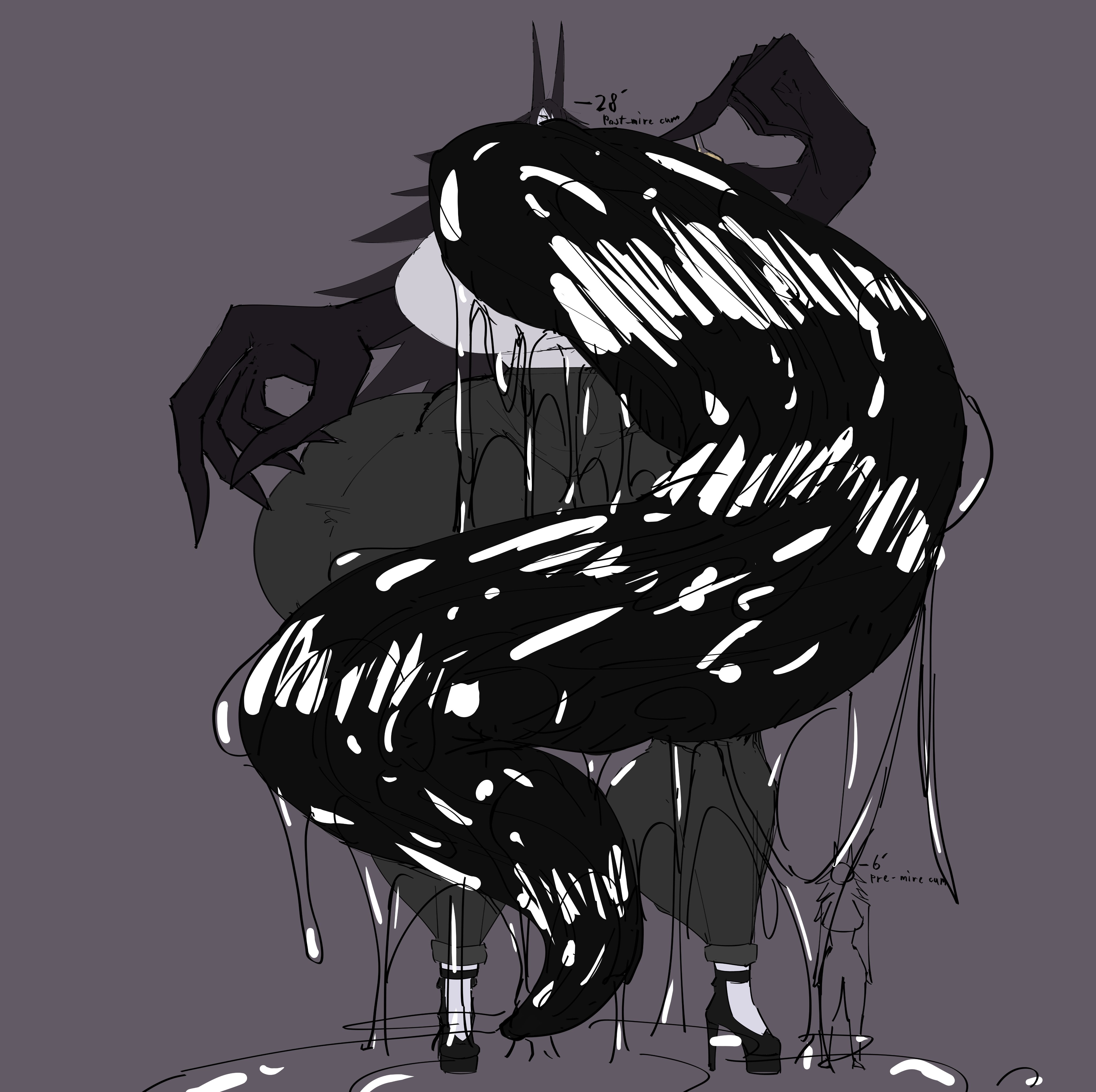 1girls, ass, big ass, big breasts, big hips, black hair, breasts, female, giant ass, giant breasts, giantess, high heels, hourglass figure, huge tongue, hyper, hyper ass, hyper breasts, hyper tongue, large ass, large breasts, long tongue, massive ass, massive breasts, mrs. v (one cryptid), one cryptid, original character, saliva, thick thighs