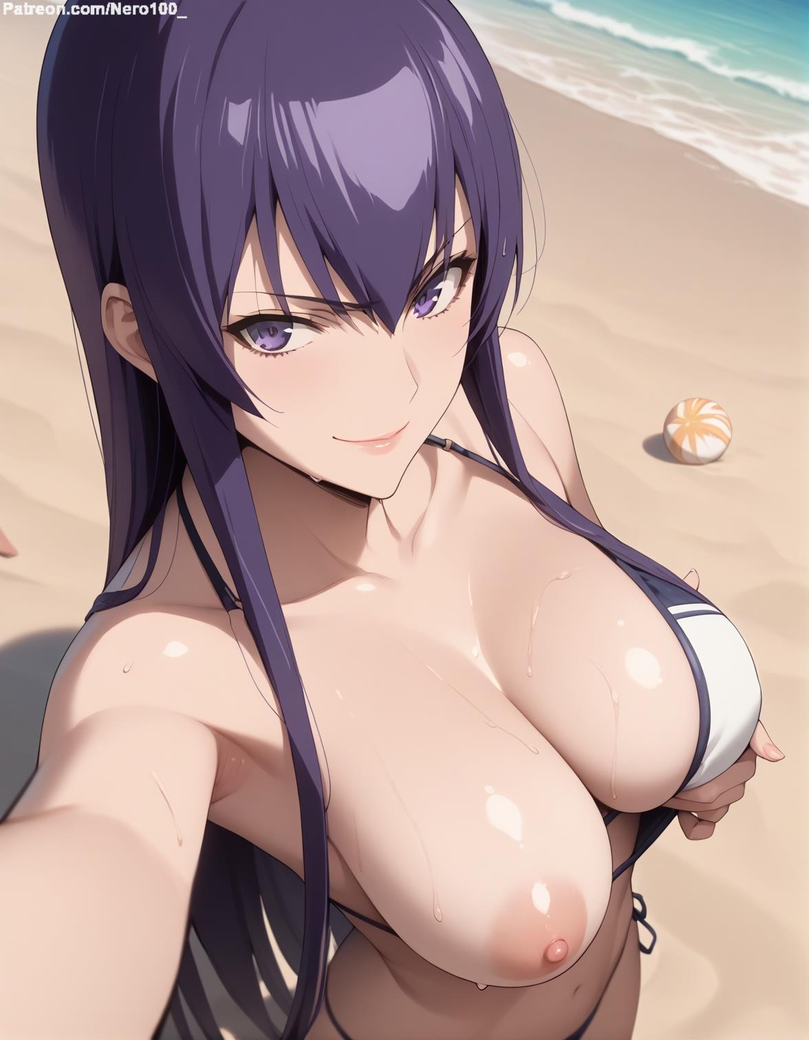 1girls, 2d, ai generated, ass, athletic, athletic female, bare shoulders, beach, belly, big breasts, bikini, breasts, breasts out, cleavage, curvy, curvy figure, cute, cute face, detailed, eyelashes, eyeshadow, female, female only, fit, fit female, focus, from above, high quality, highschool of the dead, huge breasts, large breasts, legs, light skin, light-skinned female, lips, lipstick, long hair, looking at viewer, makeup, mascara, midriff, nero100, nipples, one breast out, one breast out of clothes, outdoors, pale skin, pale-skinned female, posing, purple hair, saeko busujima, sagging breasts, seductive, seductive look, selfie, showing breasts, stable diffusion, thighs, thin thighs