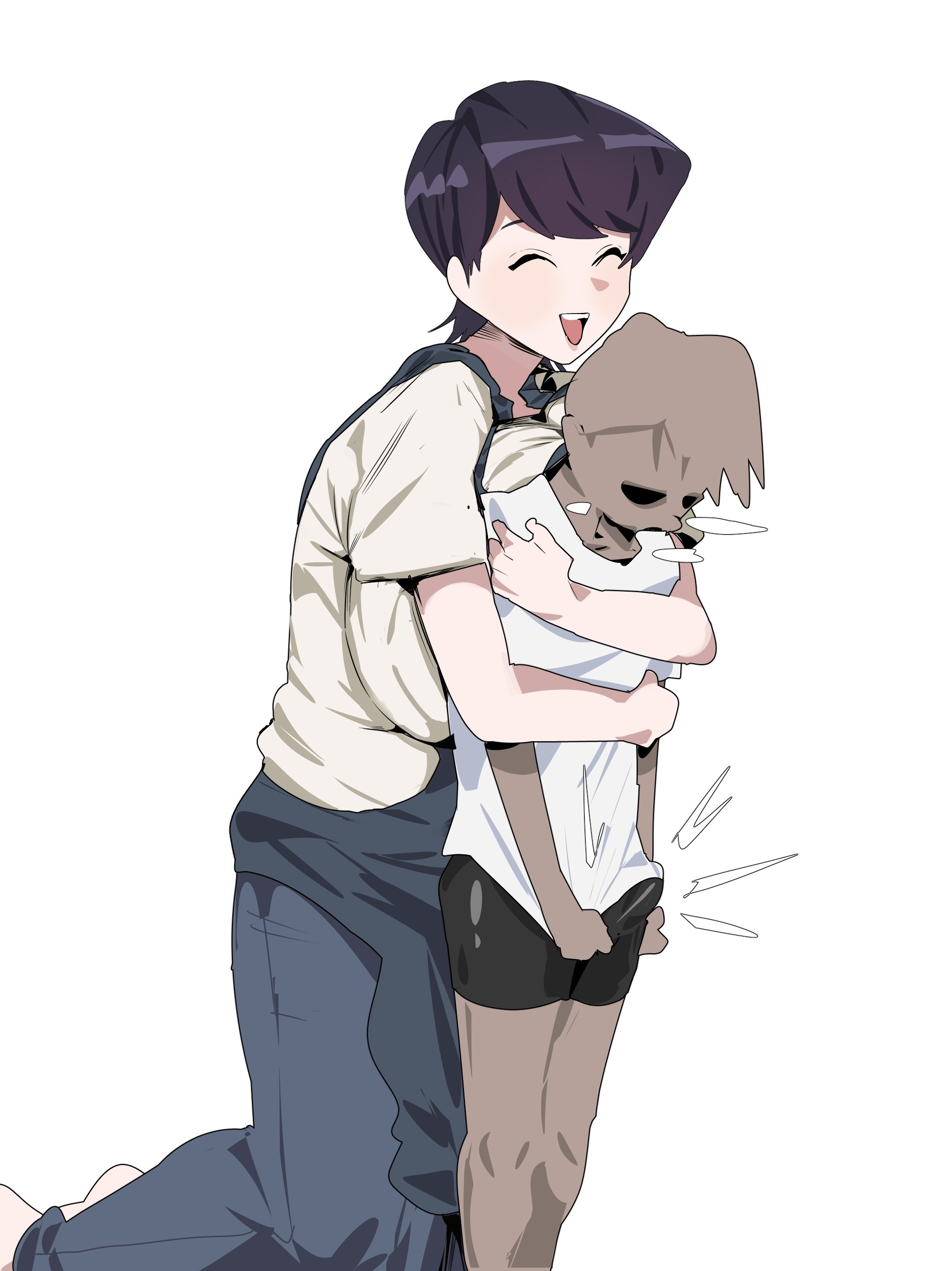boner, breasts, breasts pressed against partner, citizen k, closed eyes smile, erection, erection under clothes, female, hiding erection, hug, hugging, hugging from behind, komi shuuko, komi-san wa komyushou desu, large breasts, male, smaller male