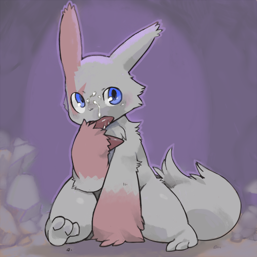 3_toes barefoot blue_eyes cave claws cum cum_on_face feral front_view fur furry_ears furry_tail long_ears looking_at_viewer original_character pasikon pink_fur pixiv pokemon pokemon_(species) solo tail unknown_gender white_fur zangoose