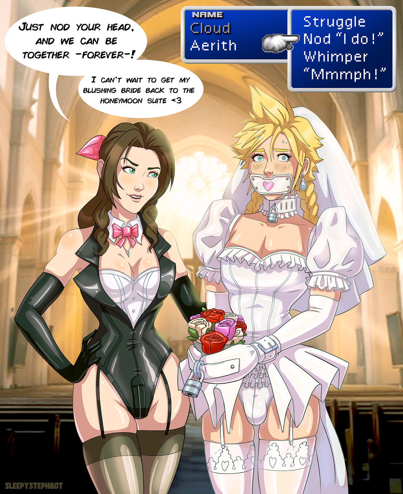 1boy, 1femboy, aerith gainsborough, arms bound, artist name, blonde hair, blush, blush lines, blushing male, bondage, bondage gloves, bouquet, breasts, bride, brown hair, bulge, bulge through clothing, cleavage, clothed, cloud strife, collar, crossdressing, crossdressing male, dialogue, dialogue choice, dominatrix outfit, earrings, elbow gloves, english, english text, eyeshadow, female, femboy, femdom, final fantasy, final fantasy vii, flowers, gag, gagged, gagged speech, game ui, gloves, green eyes, hair ribbon, hand on hip, hands bound, heart, hips, hourglass figure, key, key necklace, large breasts, latex, latex armwear, latex clothing, latex gloves, latex stockings, leotard, lock, locked, male, male bride, malesub, pink eyeshadow, role reversal, sissy, skirt, sleepystephbot, speech bubble, stockings, text, thick thighs, thighs, wedding, wedding dress, wedding veil, wide hips