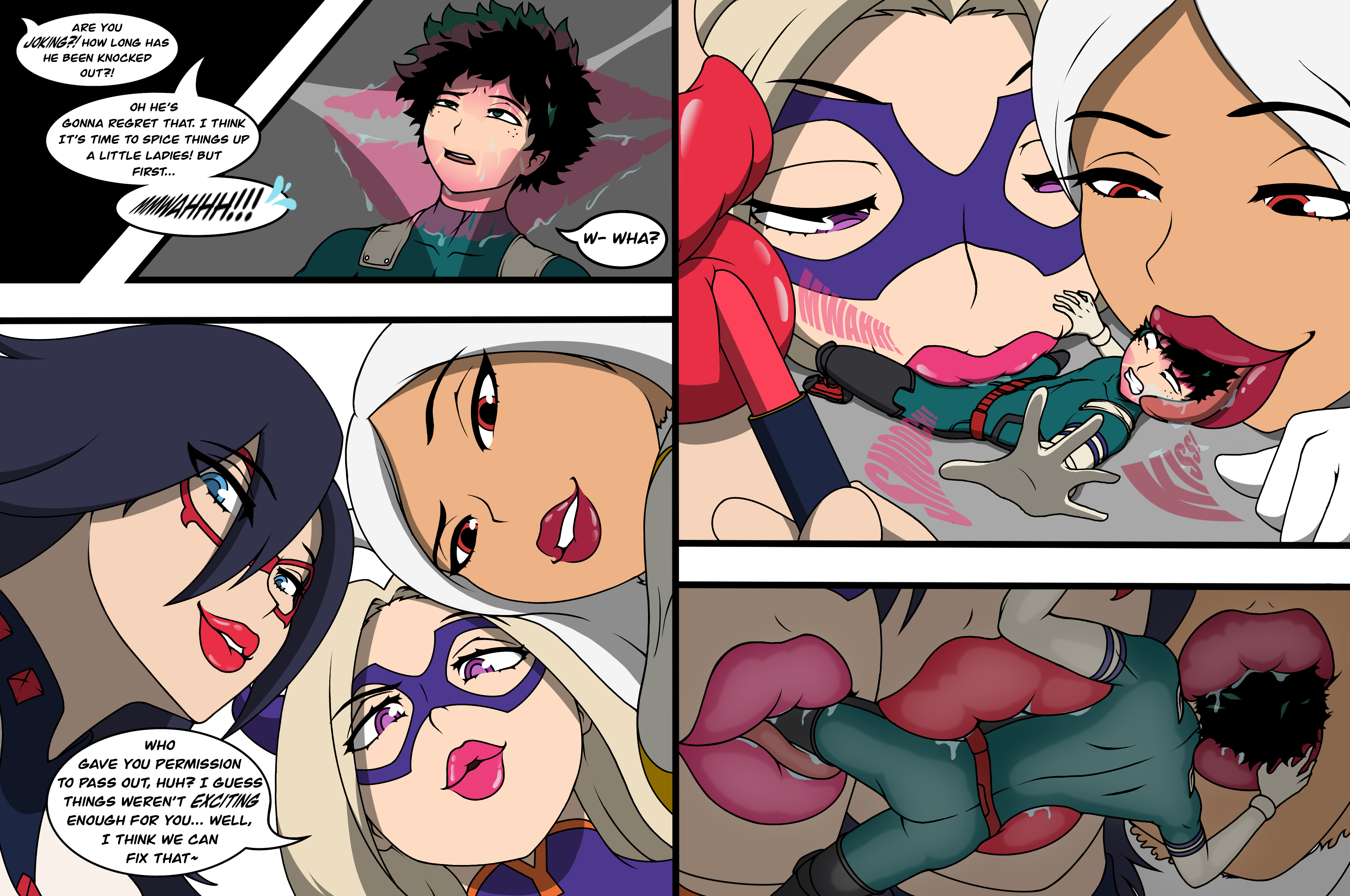 1boy, 3girls, age difference, black hair, black hair female, blonde hair, blonde hair female, boku no hero academia, comic, female, giantess, izuku midoriya, kiss, kiss mark, kissing, lips, lipstick, lipstick mark, lucky bastard, male, midnight (my hero academia), mirko, mount lady, mwah, my hero academia, nemuri kayama, ourcouncil, pink lips, pink lipstick, puckered lips, red lips, red lipstick, rumi usagiyama, shrunken male, size difference, superhero, superheroine, torture, white hair, white hair female, yuu takeyama