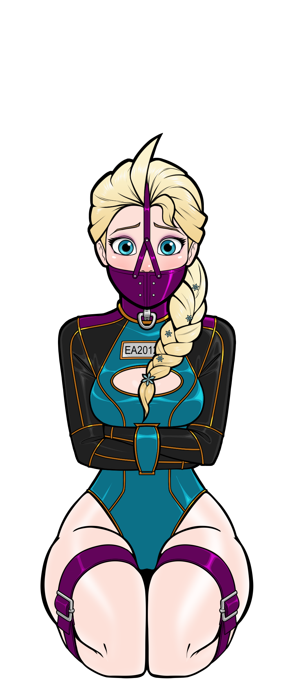 1female 1girls alternate_costume bdsm_collar bondage bondage_outfit boob_window collar elsa_(frozen) female frozen frozen_(film) gag gagged harness_gag harness_muzzle_gag head_harness latex latex_bodysuit latex_clothing leather_straps legbinder muzzle_gag numbered_tag panel_gag straitjacket wossarem