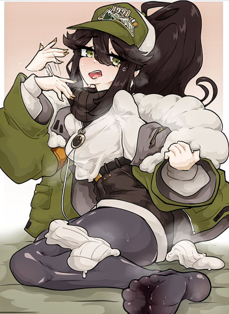 black legwear, booty shorts, caloart30, cap, feet, fully clothed, indie virtual youtuber, kara wilderwood, ponytail, repost, sweating, turtleneck, valkris9, virtual youtuber, white sweater