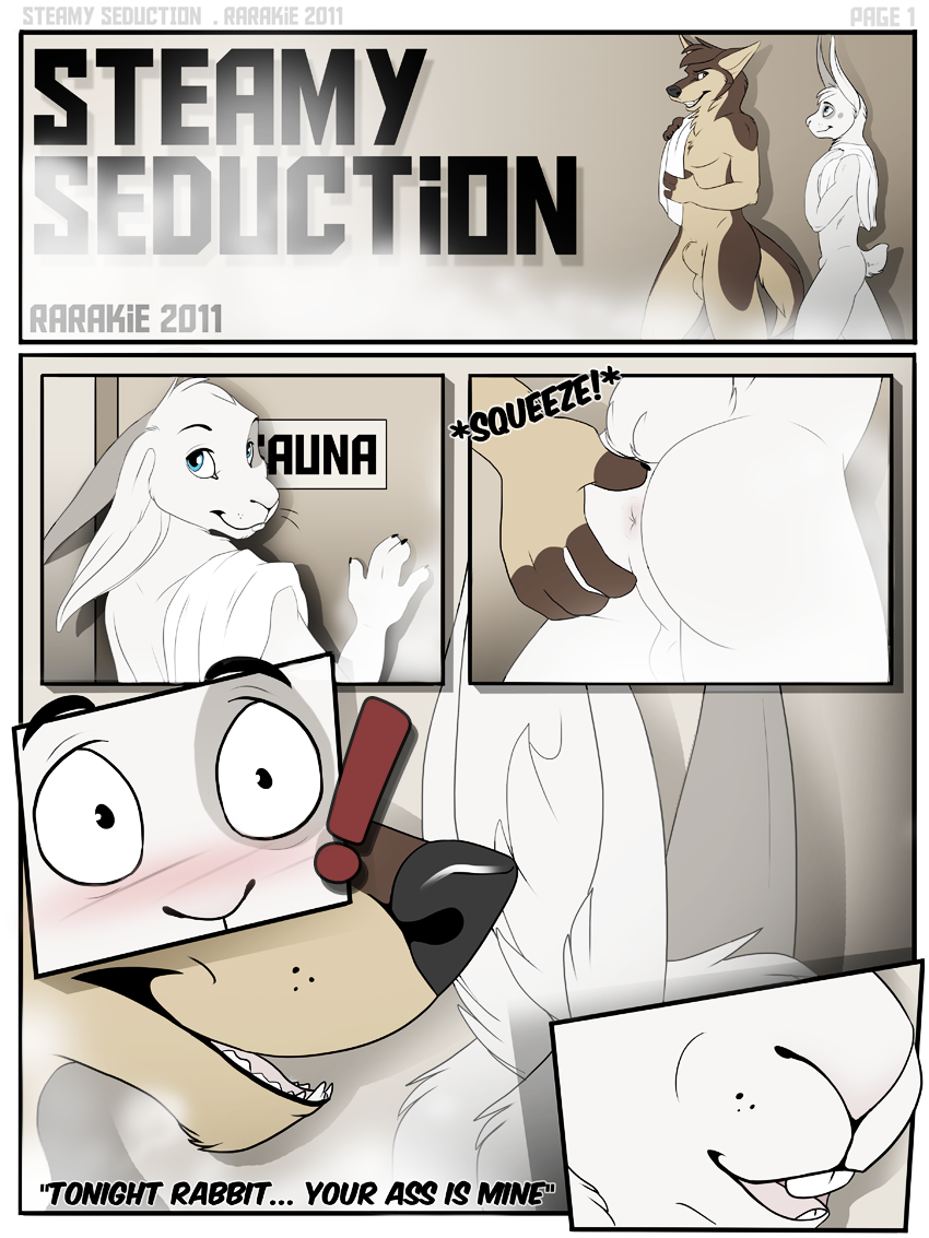 anus ass blue_eyes blush canine close-up comic dialogue english_text erection furry gay german_shepherd grab lagomorph male no_humans penis rabbit rarakie sauna steam steamy_seduction text towel white_fur white_hair