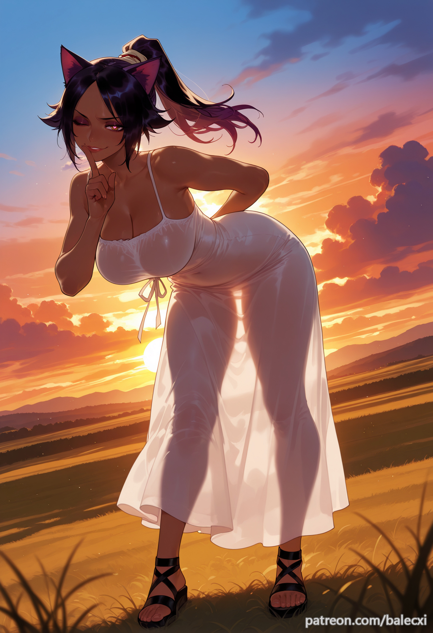ai generated, animal ears, arm behind back, balecxi, bent over, black hair, bleach, breasts, cat ears, cleavage, dark skin, dark-skinned female, female, finger to mouth, large breasts, leaning forward, looking at viewer, one eye closed, outdoors, ponytail, sandals, see-through, see-through dress, see-through silhouette, shihouin yoruichi, sky, solo, sunset, white dress