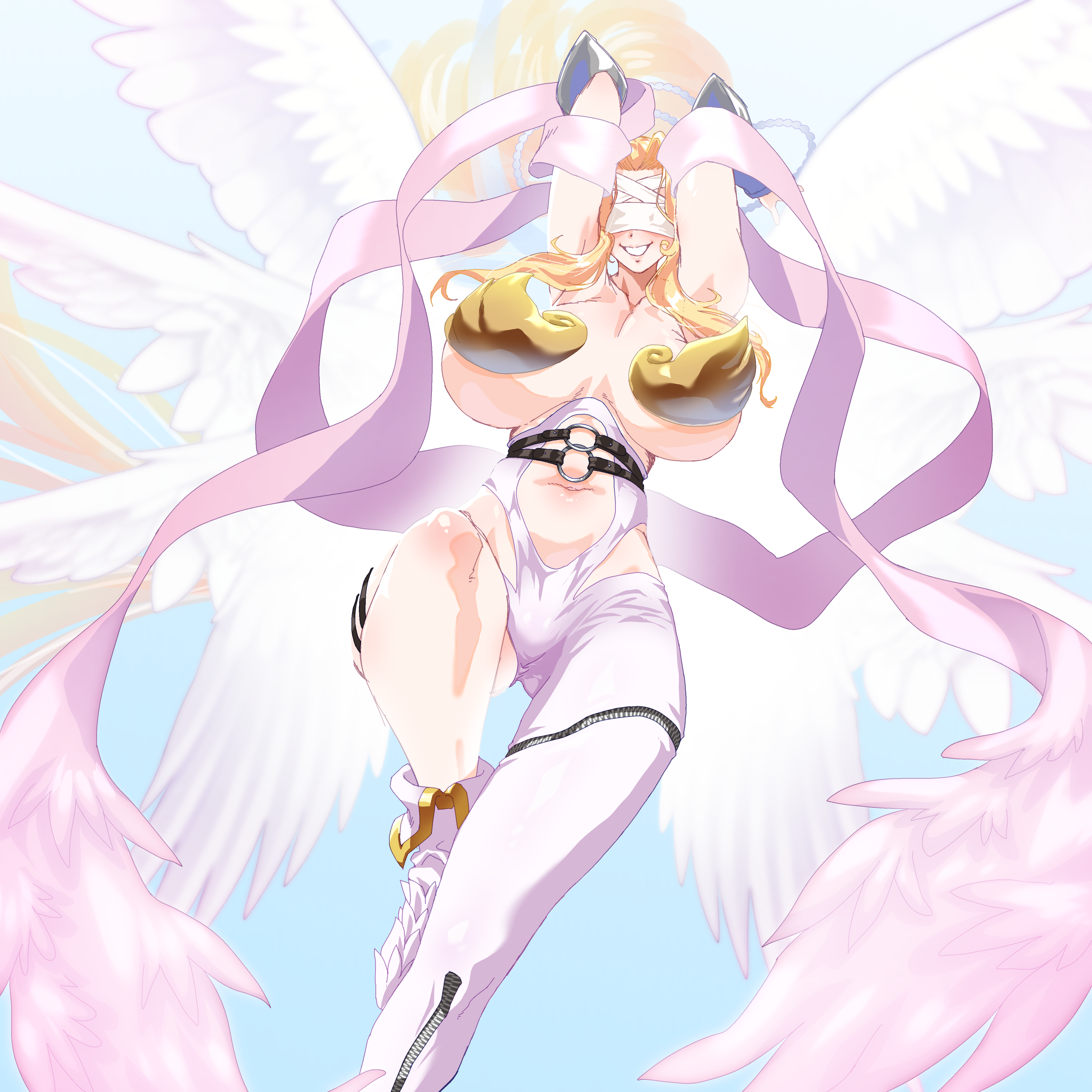 1girls, absurdly long hair, angewomon (cosplay), ass, blindfold, blonde hair, breasts, digimon, digimon (species), female, female only, gerusyu, hi res, looking at viewer, o-ring, o-ring bottom, olympos xii, panties, pearl necklace, smiling, smiling at viewer, solo, venusmon, very long hair