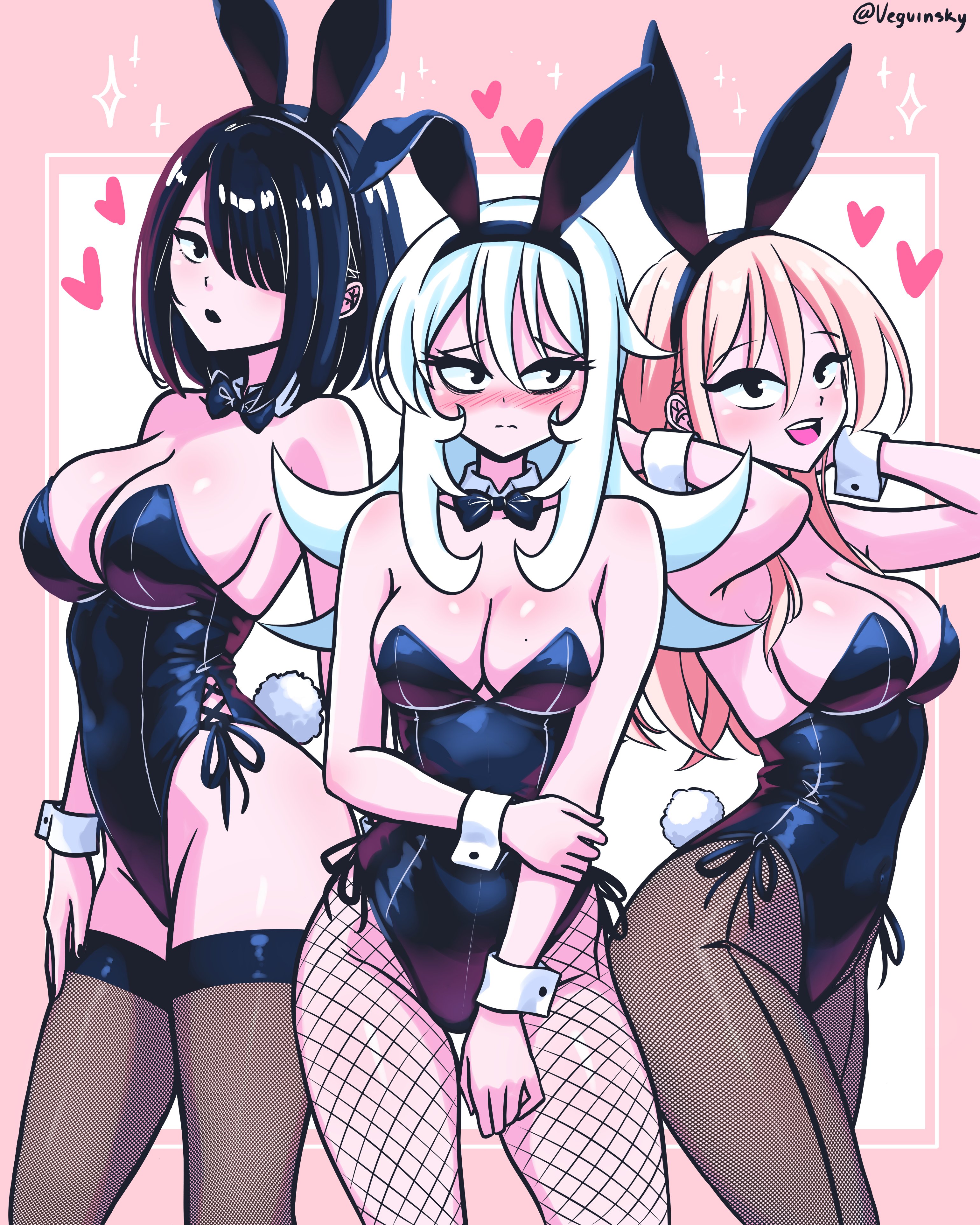 3girls, ashamed, big breasts, black hair, blue hair, blush, blush lines, blushing face, blushing female, breasts, bunny costume, bunny ears, bunny girl, bunny tail, bunnysuit, dina (la noche de walpurgis), dina (walpurgis night), female, goth, goth girl, gothic, gothic girl, happy, happy face, happy female, latina, lilith (la noche de walpurgis), lilith (walpurgis night), lingerie, long hair, maria (la noche de walpurgis), maria (walpurgis night), mexican, mexican comic, mexican female, mexican girl, mexican goth, mexican webcomic, mexican webtoon, pink hair, red stockings, short hair, smile, smiley face, stockings, thighhighs, veguinsky, vewuinsky, webtoon, webtoon waifu