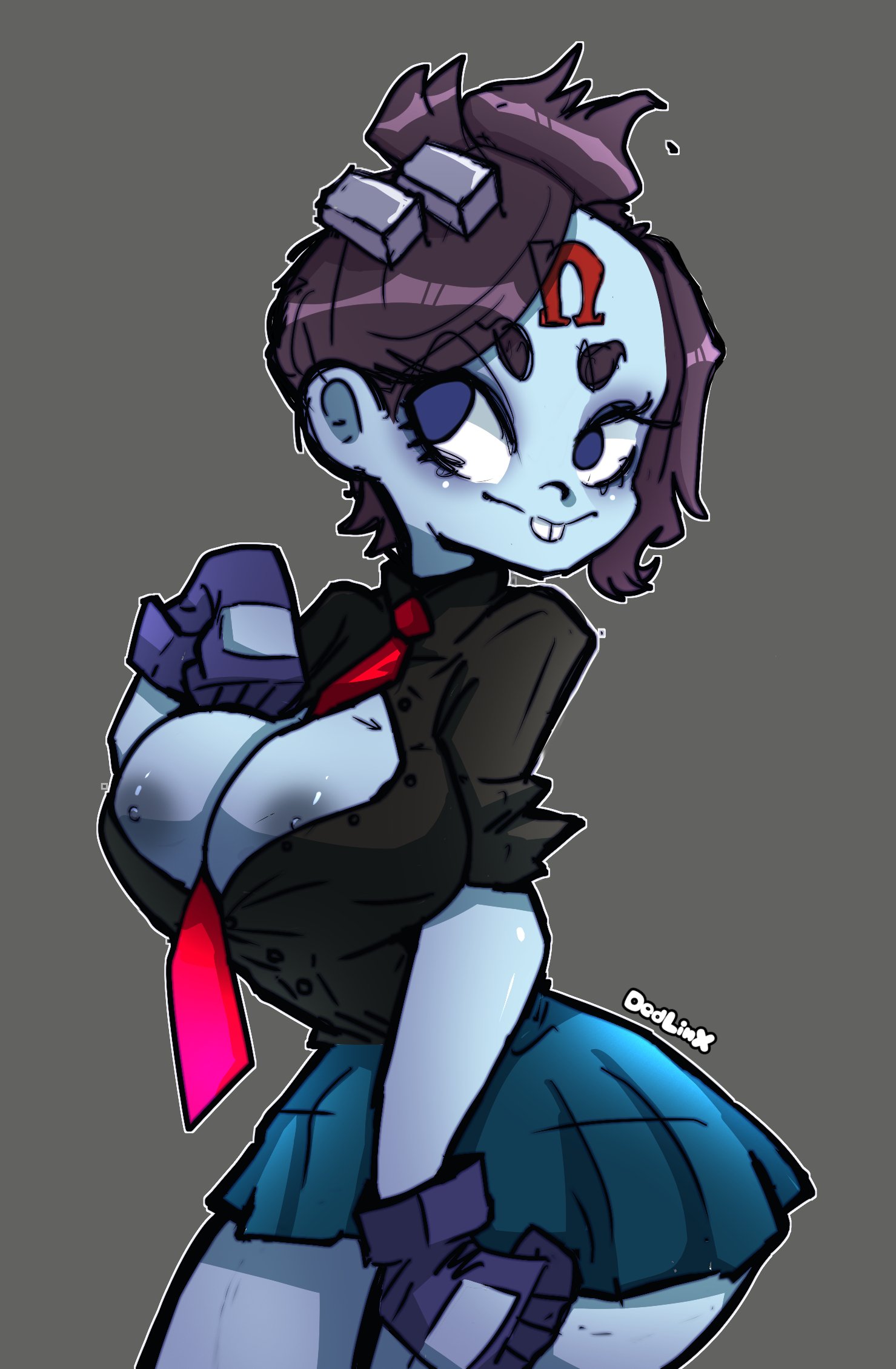 1girls, 2025, 2025s, absurd res, absurdres, activision, areola, areolae, artist name, big breasts, big nipples, big thighs, big titties, black hair, blue skirt, breasts, buck teeth, buckteeth, crash (series), crash bandicoot (series), curvaceous, curvaceous female, curvaceous figure, curvy, curvy figure, curvy hips, dedlinx, digital art, digital drawing, digital drawing (artwork), digital media, digital media (artwork), digital painting, digital painting (artwork), eyebrows, female, female focus, female only, gloves, grey background, grey body, grey skin, hair, handwear, looking at viewer, naughty dog, necktie, necktie between breasts, nina cortex, nipples, purple eyes, purple gloves, purple hair, purple handwear, red necktie, school uniform, schoolgirl, short black hair, short hair, short purple hair, simple background, skirt, solo, solo female, solo focus, sony interactive entertainment, teeth, thick thighs, thighs, uniform, video games