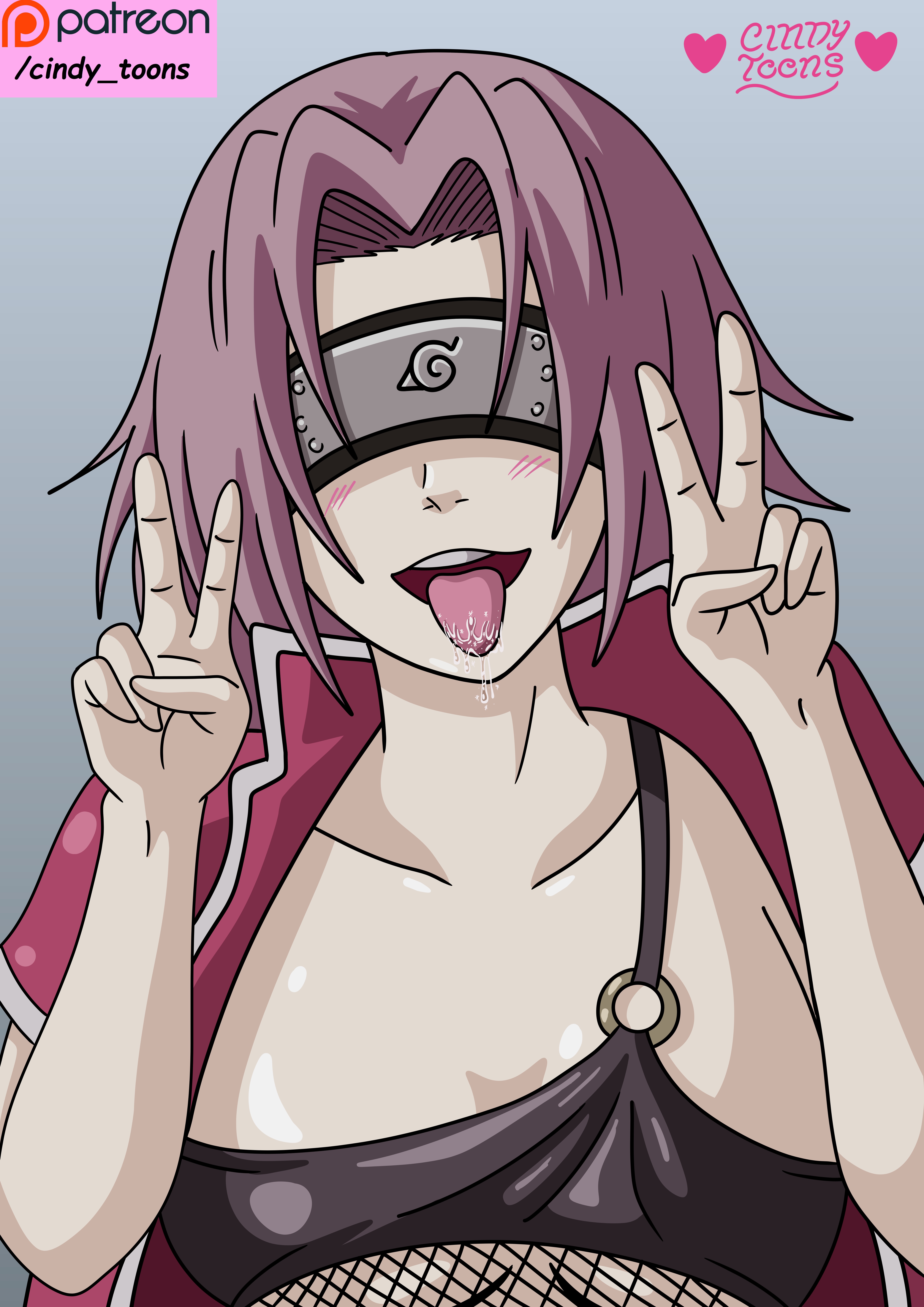 ahe gao, ahegao face, big breasts, blush, blush lines, bra, breasts, cindy toons, covered eyes, female, haruno sakura, haruno sakura (genin), haruno sakura(genin), konohagakure, konohagakure symbol, mesh clothing, mesh shirt, naruto, naruto (classic), naruto (series), naruto shippuden, open shirt, peace sign, pink hair, sakura haruno, sakura haruno (genin), saliva, saliva on tongue, saliva trail, short hair, tongue, tongue out, underboob