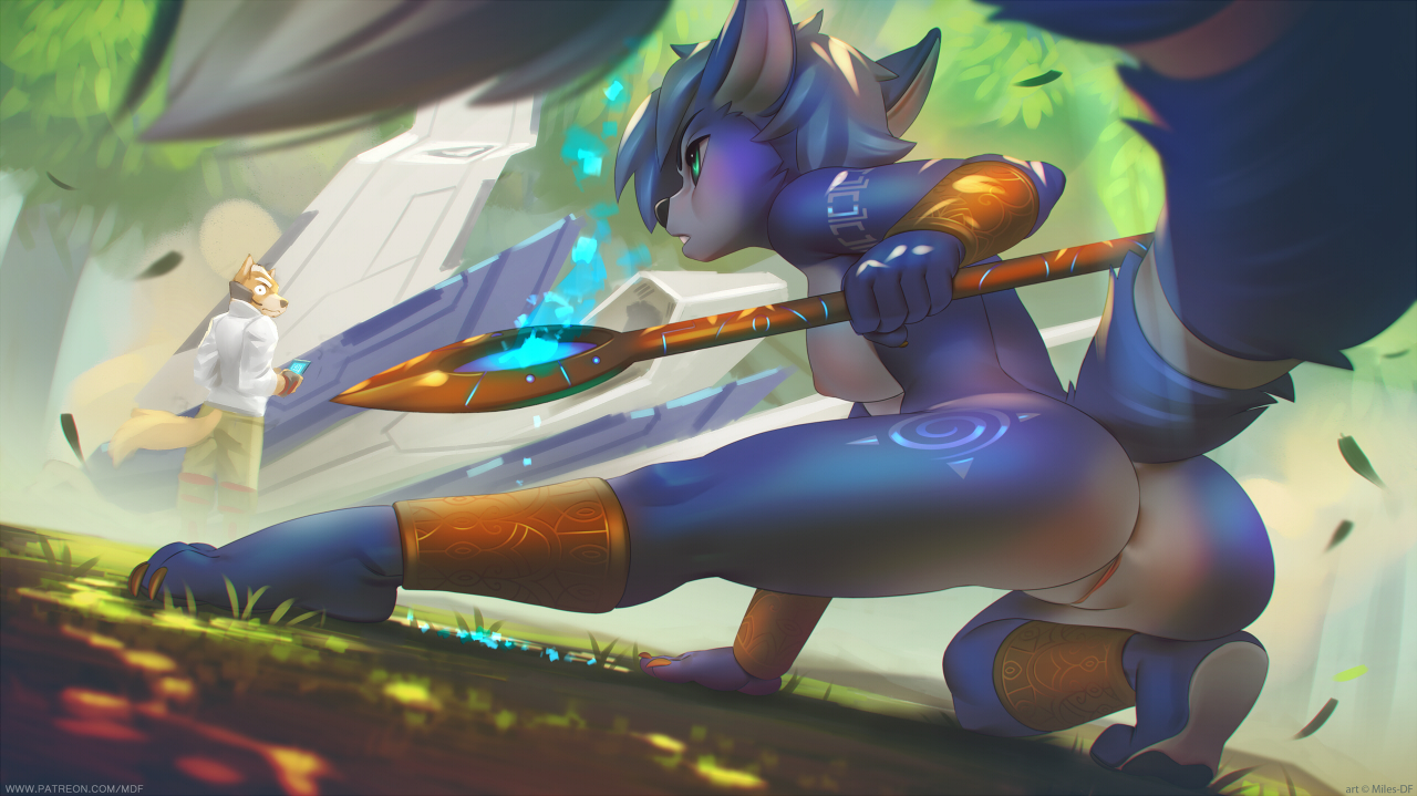 alternate version available, anus, ass, athletic anthro, athletic female, breasts, clothed male nude female, duo, female, fighting pose, fighting stance, fox, fox mccloud, furry, krystal, krystal (star fox), male, miles df, naked female, nipples, nude, outdoors, outside, pussy, star fox, tail