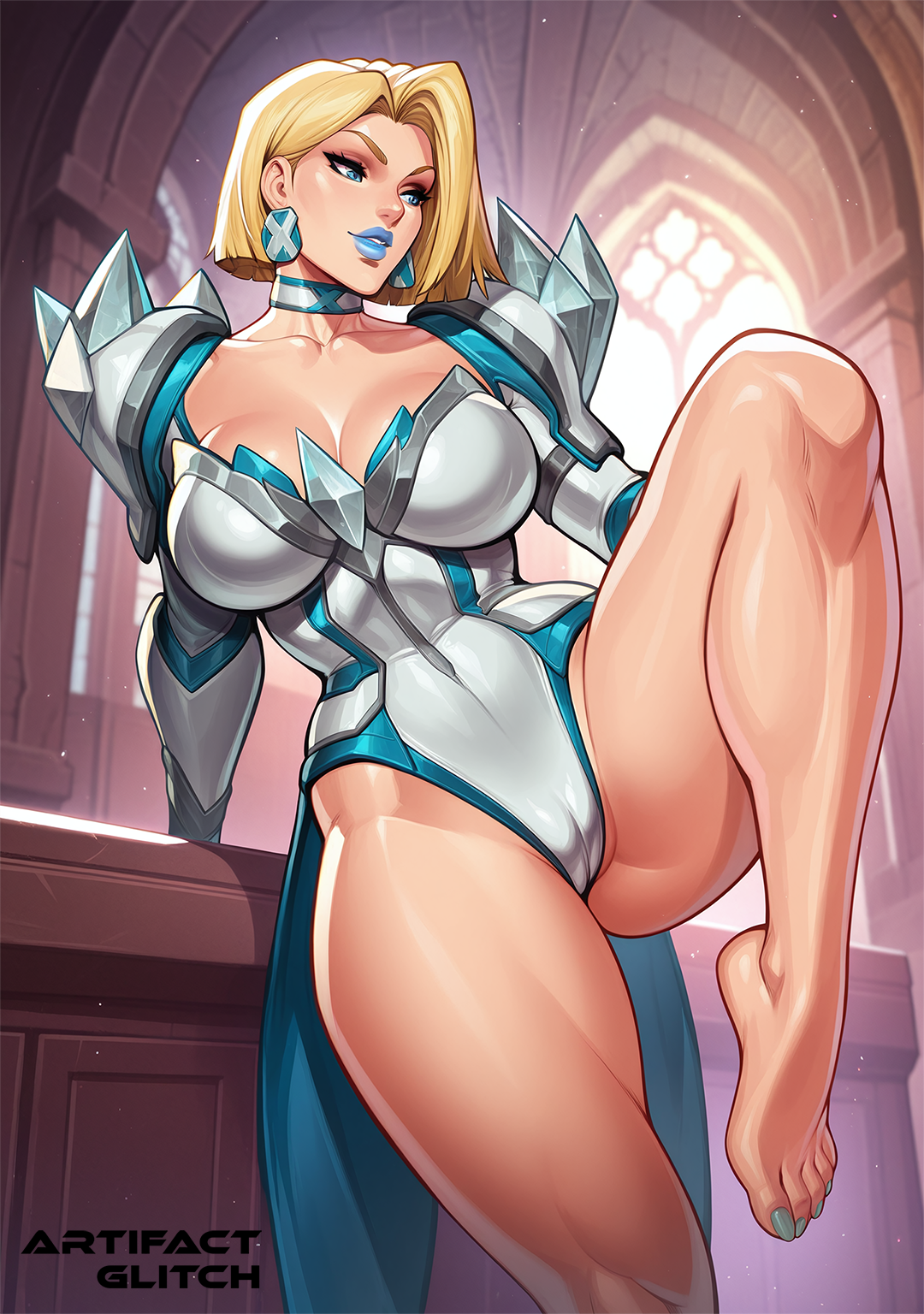 ai generated, artifactglitch, big breasts, blonde hair, blue lipstick, bodysuit, breasts, cameltoe, earrings, emma frost, emma frost (marvel rivals), feet, feet up, female, leotard, marvel, marvel comics, marvel rivals, nail polish, pussy, solo female, thick thighs, toned legs