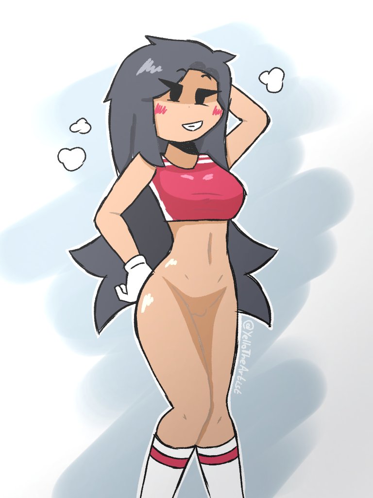 1girls, artist name, black hair, blush, bottomless, drawing, female, hand-drawn, niku (nekuzx), pussy, simple eyes, stockings, thighs, white background, white gloves, yellolight