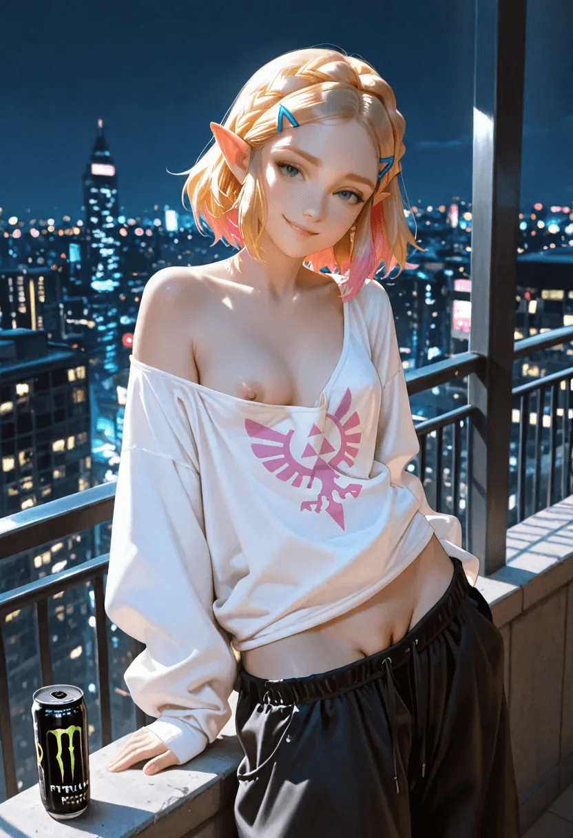 1girls, ai generated, alternate costume, alternate hairstyle, baggy clothing, baggy pants, balcony, blonde hair, breasts, city, cityscape, elf ears, energy drink, exhibitionism, female, futuristic, hylian, loose clothes, modern setting, monster energy, nipple slip, nipples, no panties, pants, pants down, perky breasts, pointy ears, princess zelda, public, public nudity, pussy, pussy peek, rooftop, shaved pussy, shirt, small breasts, smile, smirk, standing, streetwear, tears of the kingdom, the legend of zelda, v-line, video game character