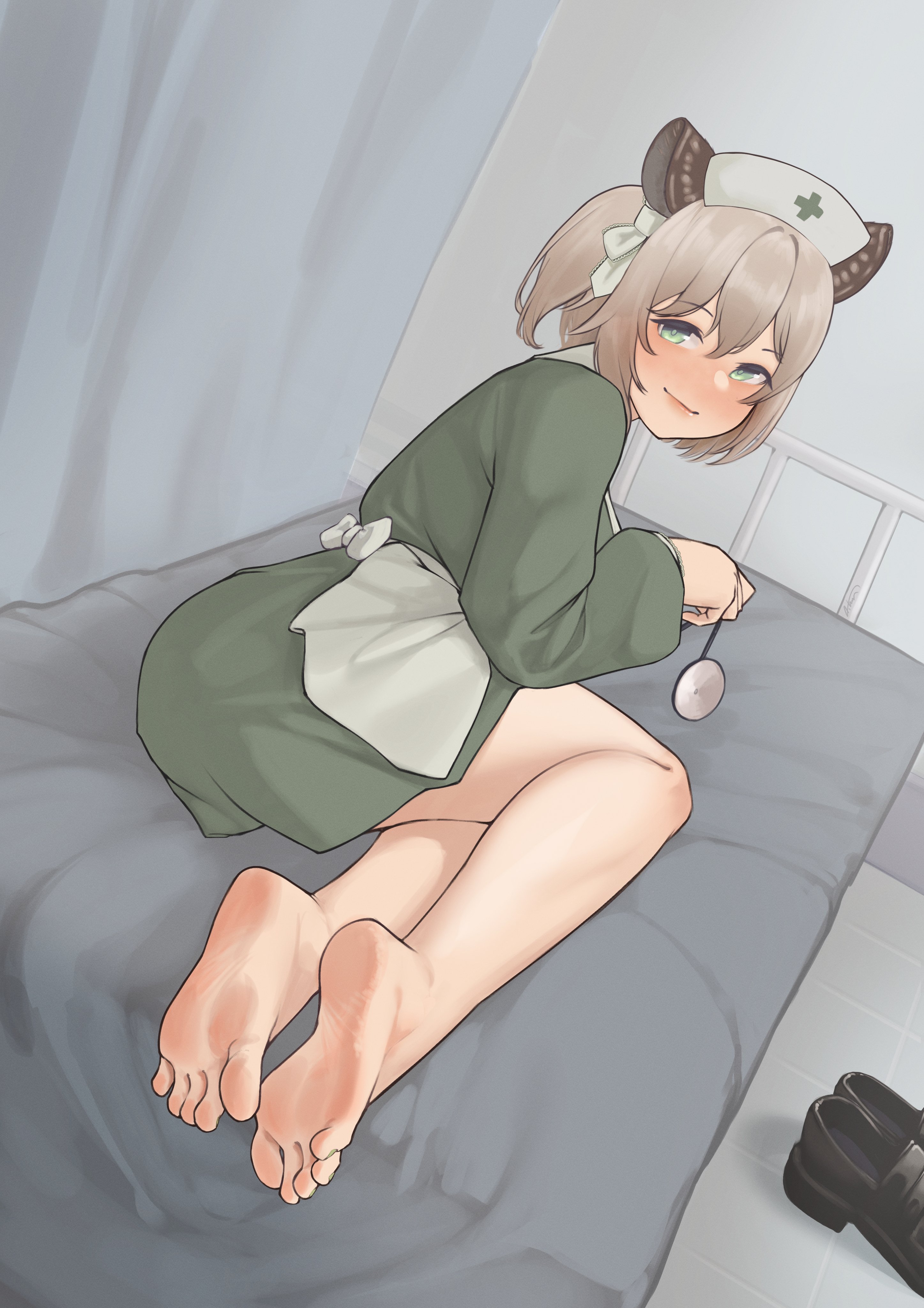 1girls, 2d, aiharararara, animal ears, barefoot, bed, blush, feet, female, female only, green eyes, infirmary, legs, light skin, light-skinned female, looking at viewer, medium hair, nimi nightmare, nurse, nurse cap, nurse uniform, shoes, soles, solo, virtual youtuber