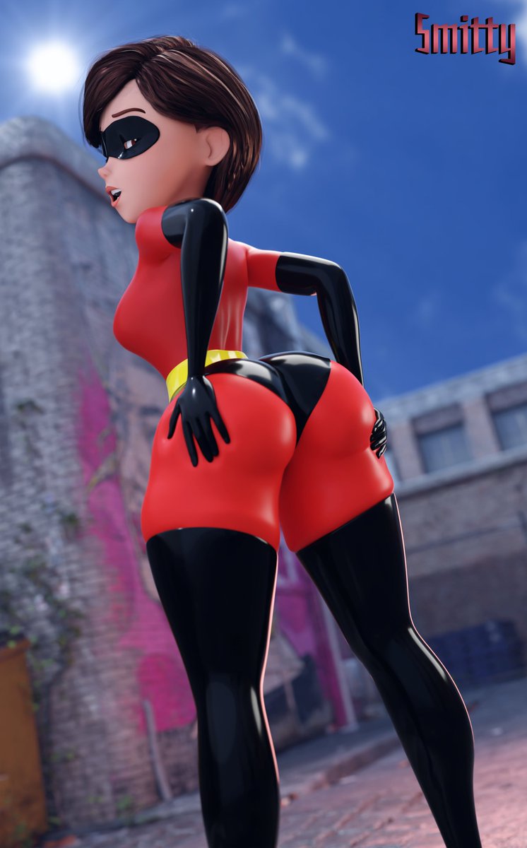 1girls 3d 3d_(artwork) ass ass_view back_turned back_view big_ass big_breasts big_thighs bodysuit busty butt_touch elastigirl eyemask female_only hand_on_butt hands_on_ass helen_parr human human_only latex looking_at_viewer looking_back mask open_mouth outdoors outside rear_view short_hair smitty34 smooth_skin solo solo_female squish superhero superhero_costume superheroine the_incredibles the_incredibles_2