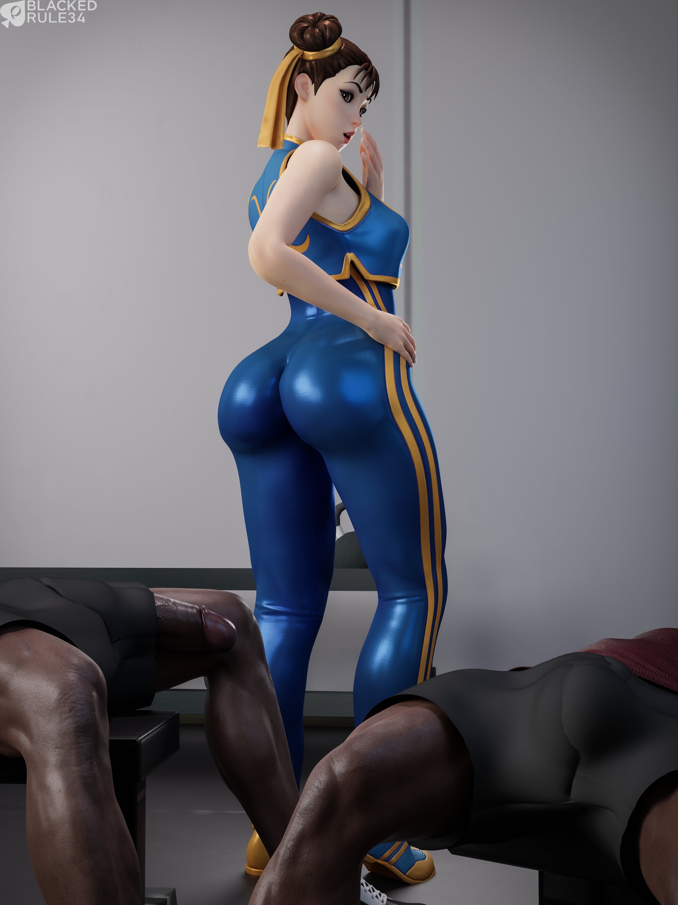 1girls, 2boys, 3d, 3d (artwork), ass, big ass, big butt, big penis, blackedr34, bodysuit, capcom, chun-li, dark skin, dark-skinned male, erection, erection under clothes, female, flashing penis, gym, gym shorts, hair bun, hair buns, imminent sex, interracial, large ass, large butt, large penis, light skin, light-skinned female, male, partial male, penis, shocked, shocked expression, street fighter, street fighter v