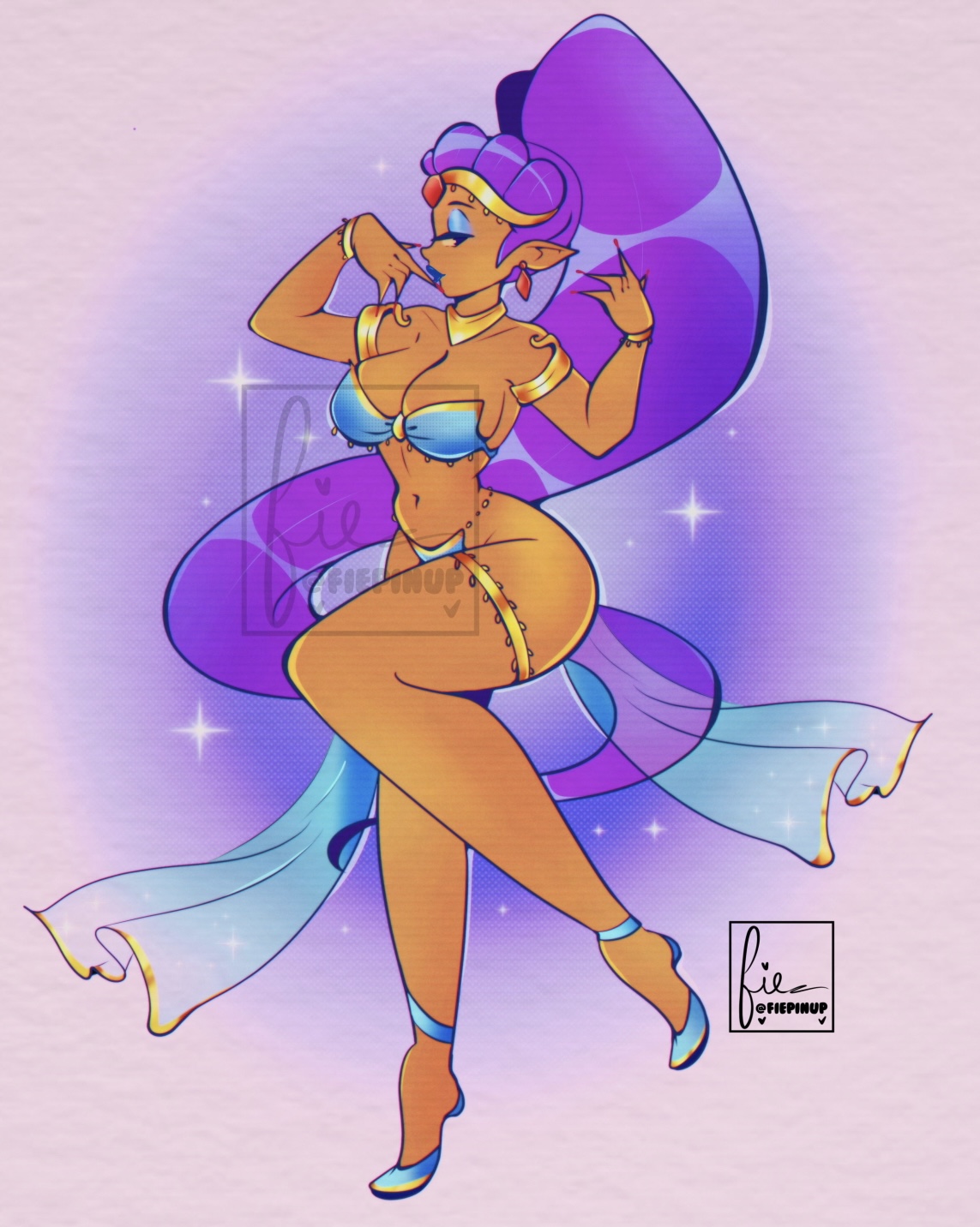 1girls, armlet, belly dancer, belly dancer outfit, bracelet, breasts, cleavage, cresscin, dancer, dancer outfit, dancer shantae, dark skin, dark-skinned female, eyeshadow, female, female only, genie, harem girl, harem outfit, large breasts, loincloth, long hair, neckwear, pointy ears, purple hair, shantae, shantae (character), solo