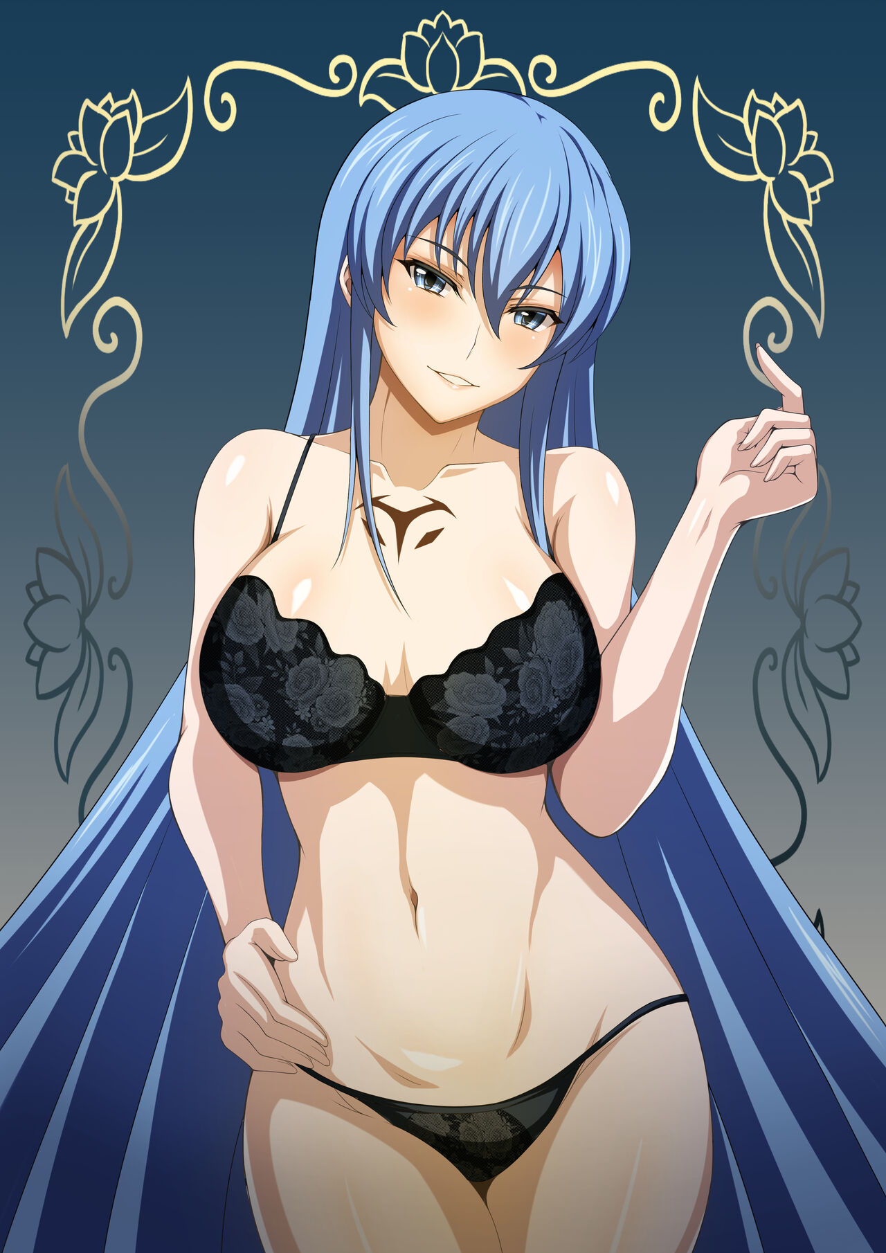 1girls, akame ga kill!, big breasts, blue eyes, blue hair, bra, breasts, erbiek, esdeath (akame ga kill!), female, female only, light skin, light-skinned female, panties, pussy, solo