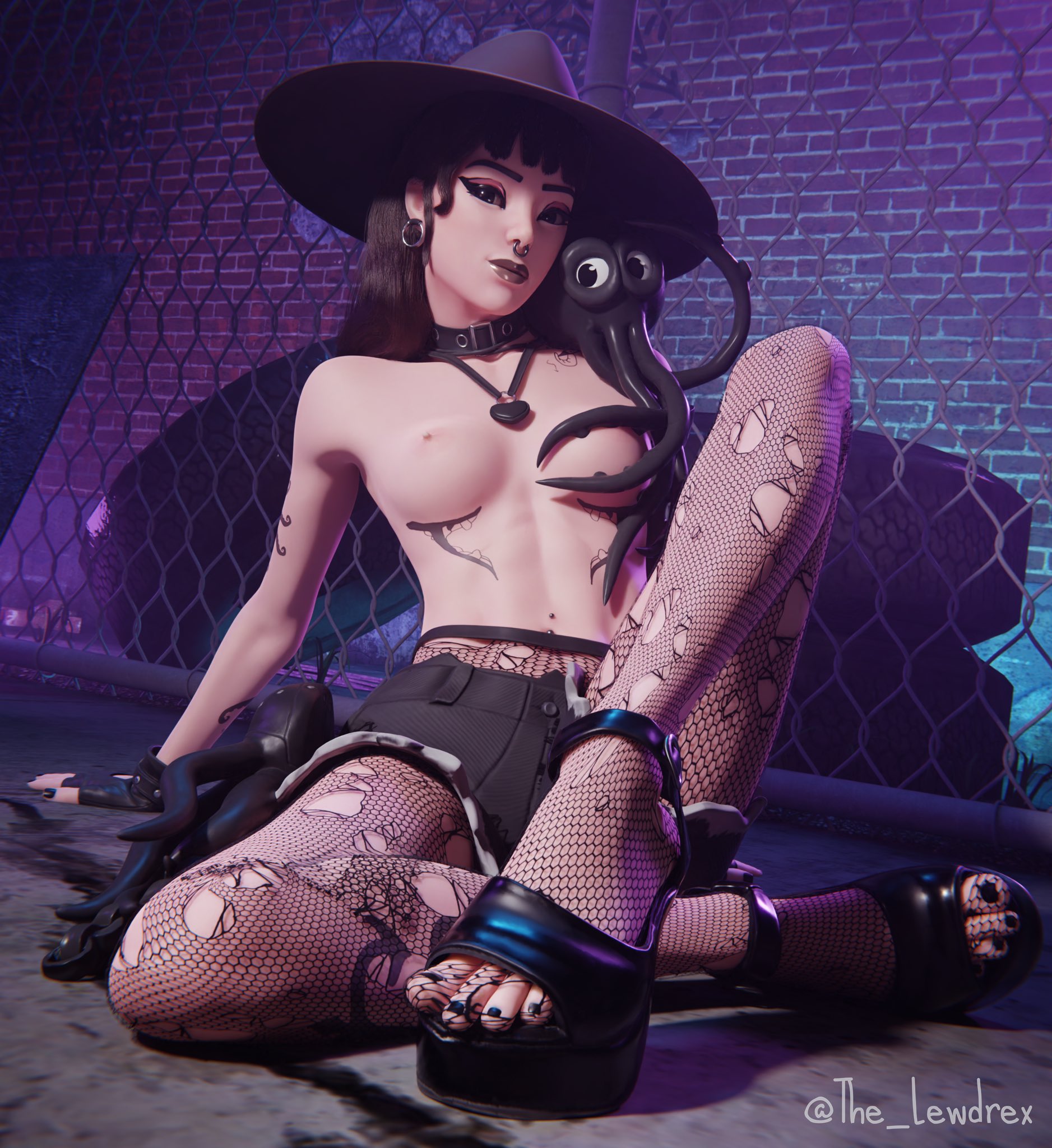1girls, 3d, areolae, blender, bottomwear, breasts, choker, covered nipples, covering, covering breasts, detailed background, ear piercing, earrings, epic games, feet, female, female focus, female only, fishnet, fishnet legwear, fishnet stockings, fishnets, fortnite, half naked, half-dressed, hat, headwear, jean shorts, leg tattoo, legwear, lewdrex, light skin, light-skinned female, looking at viewer, male, medium breasts, necklace, nipples, nose piercing, octopus, on floor, pants, penis, phaedra (fortnite), piercing, piercings, pose, posing, presenting, presenting breasts, presenting penis, shoes, shorts, sitting, small breasts, smile, smiling, solo, solo female, solo focus, spread legs, tattoo, tattoos, topless, watermark