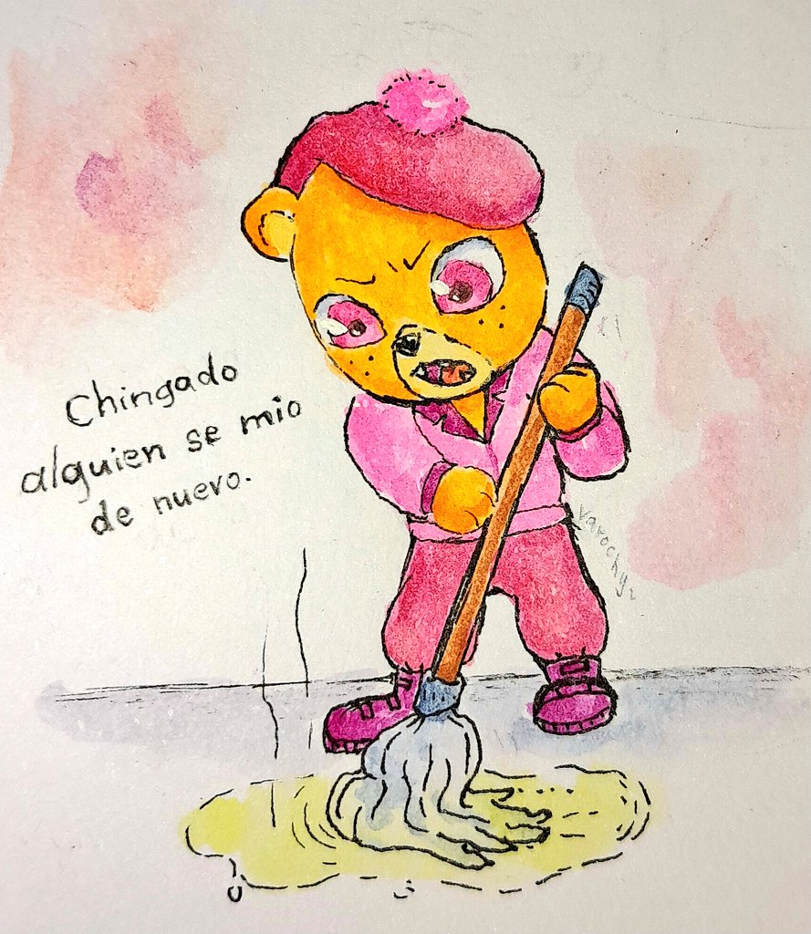 2023 anthro bear bodily_fluids bottomwear cabo_pompon_(unicorn_wars) cleaning_tool clothing genital_fluids hat headgear headwear mammal meme mop mopping pants peeing peeing_on_floor shirt solo spanish_text tamagokematula text topwear unicorn_wars urine urine_on_floor urine_pool yellow_body