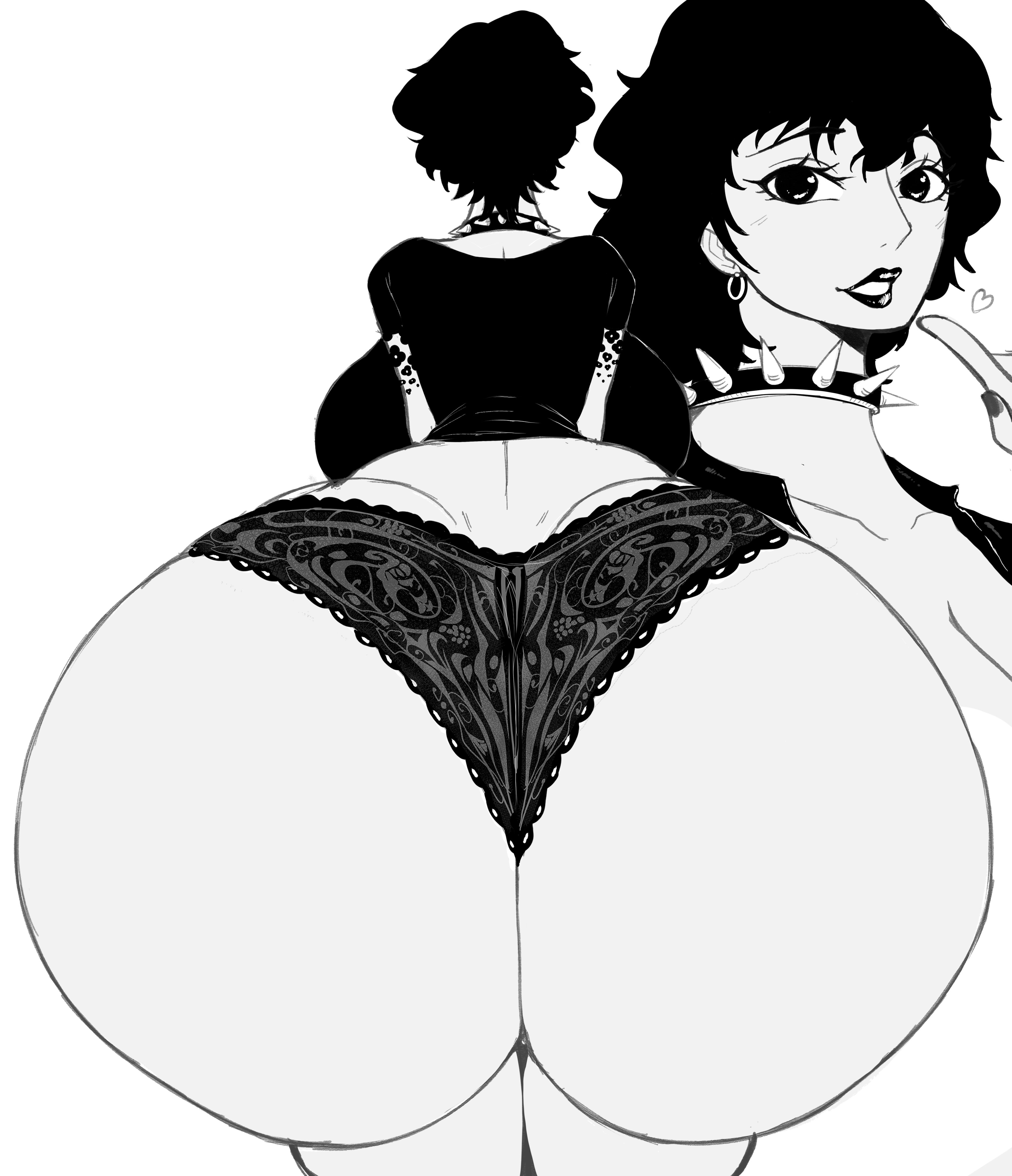 ass, ass focus, ass up, asscheeks, back view, barely clothed, big ass, big breasts, big butt, black and white, black hair, breasts, breasts bigger than head, breasts bigger than torso, bubble ass, bubble butt, butt focus, choker, dog collar, doll (one piece), ear piercing, earrings, facing away, facing viewer, female, female focus, female only, goth girl, lipstick, marine (one piece), one piece, panties, round ass, round breasts, round butt, shirt, thanuki, thanukiart, underwear