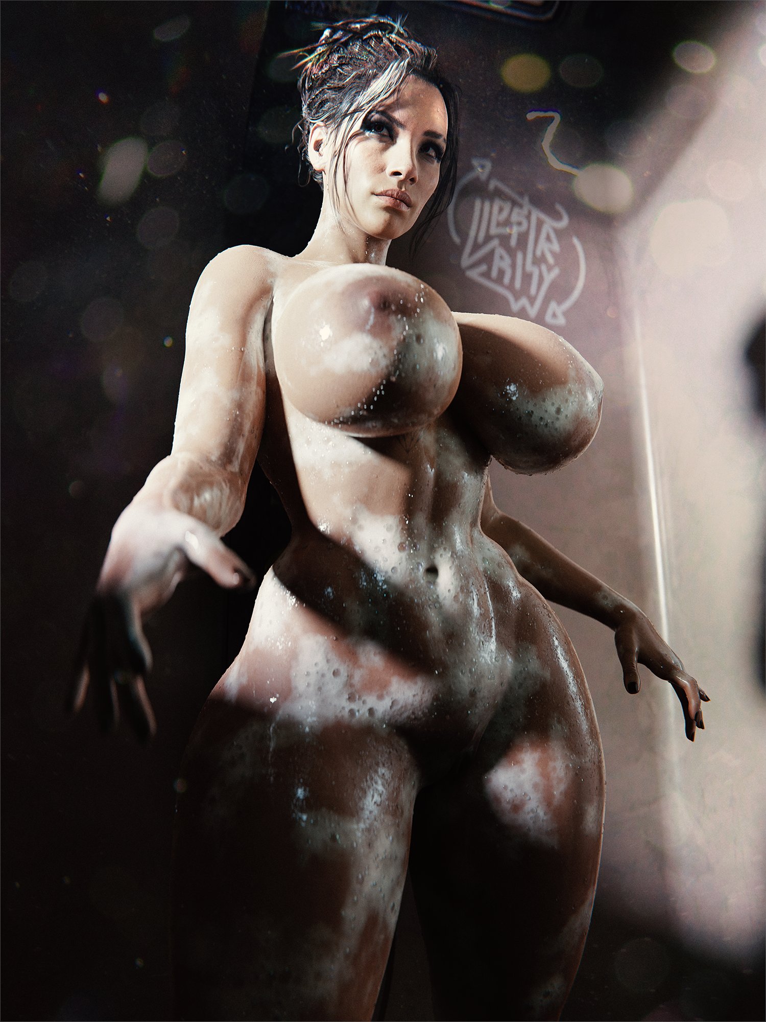 1girls, 3d, abs, areolae, big breasts, breasts, brown eyes, brown hair, child bearing hips, cyberpunk 2077, dark skin, dark-skinned female, female, fit, fit female, hourglass figure, large breasts, nipples, panam palmer, rhywlad, shower, showering, soap, solo, thick, thick hips, thick lips, thick thighs, voluptuous, wide hips