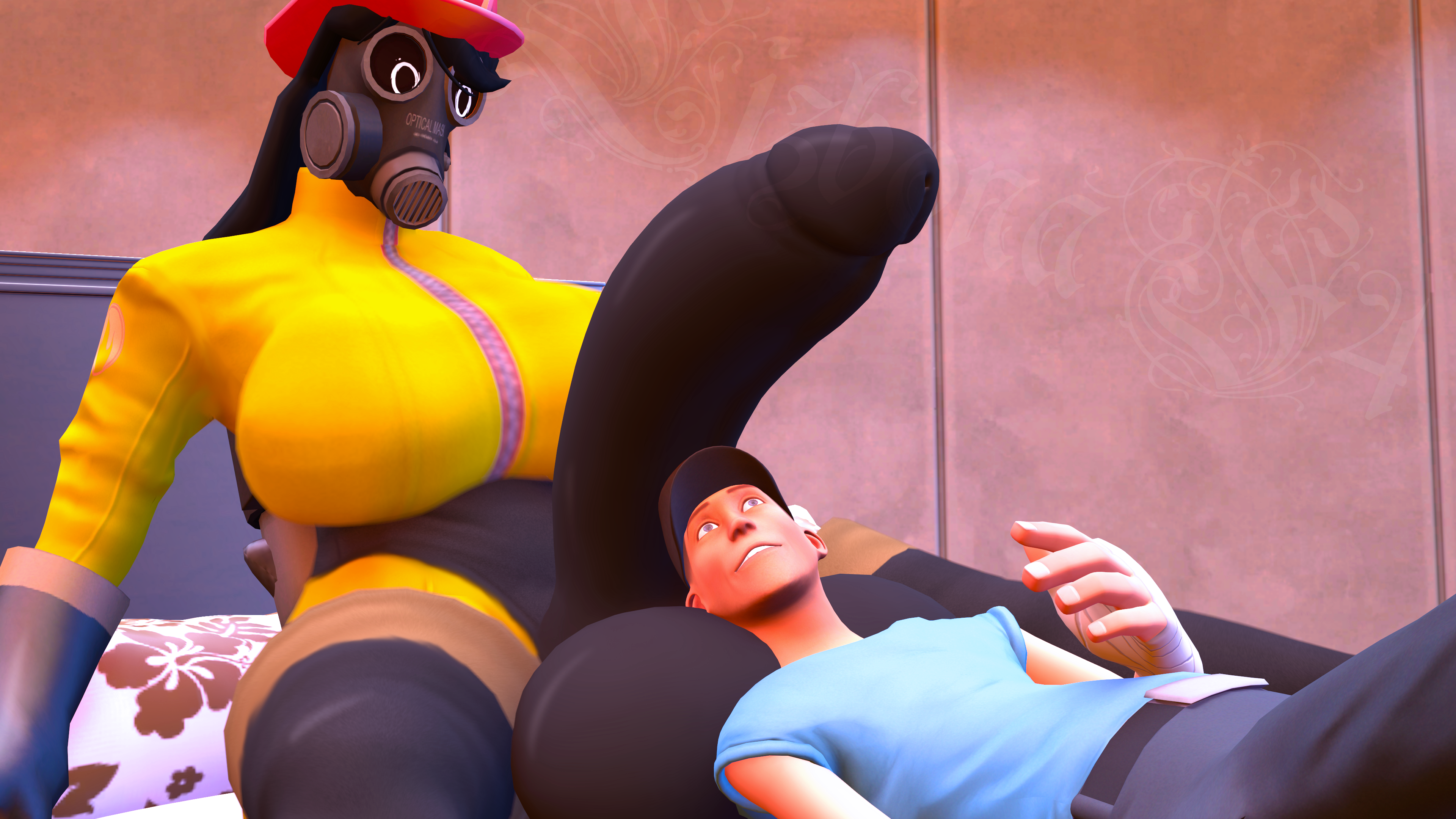 1boy, 1futa, 3d, balls, breasts, erect penis, erection, f4, fempyro, futa is bigger, futanari, huge balls, huge breasts, huge cock, intersex, latex, latex ass, latex bodysuit, latex breasts, latex futa, latex gloves, latex legwear, latex skin, latex skinsuit, latex suit, latex thigh highs, latex thighhighs, male, penis, scout (team fortress 2), sfm, source filmmaker, team fortress 2, valve