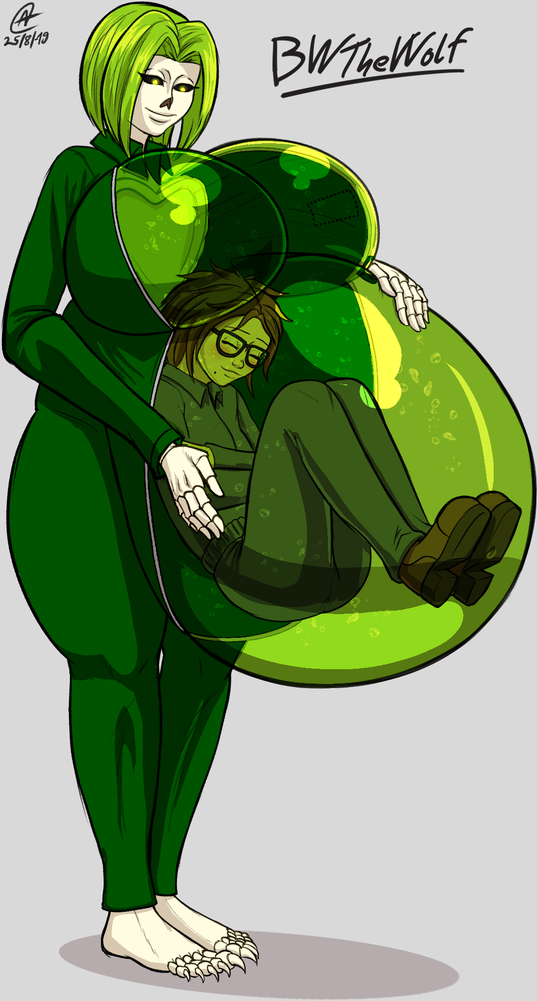 2girls a0iisa belly belly_bulge big_belly big_belly_bulge big_breasts breasts colored_sketch commission entity female female_only female_pred female_prey green_hair human non_fatal_vore original original_character original_characters safe_vore same_size_vore skeleton skeleton_girl sketch slime slime_girl supernatural vore vore_belly willing_pred willing_prey