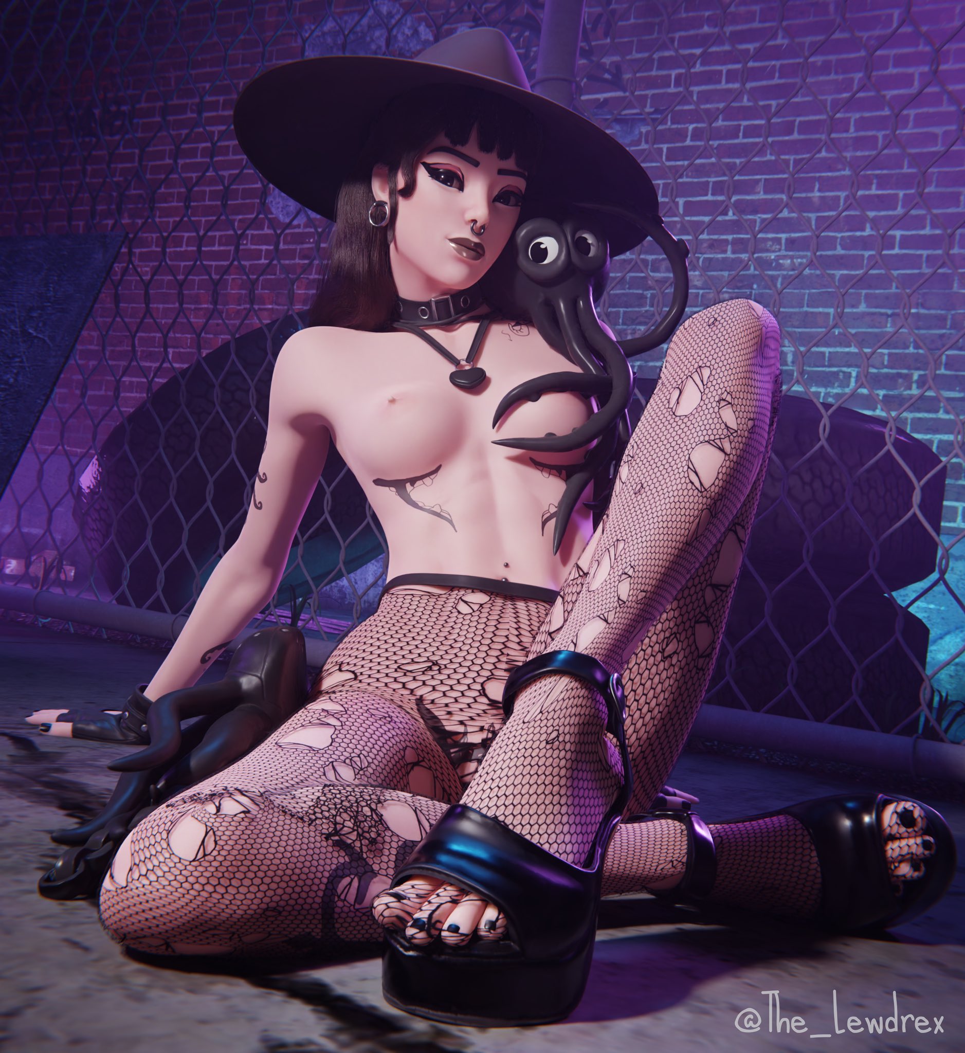 1girls, 3d, areolae, blender, bottomless, breasts, choker, covered nipples, covering, covering breasts, detailed background, ear piercing, earrings, epic games, feet, female, female focus, female only, fishnet, fishnet legwear, fishnet stockings, fishnets, fortnite, hat, headwear, legwear, lewdrex, light skin, light-skinned female, looking at viewer, male, medium breasts, naked footwear, necklace, nipples, nose piercing, octopus, on floor, penis, phaedra (fortnite), piercing, piercings, pose, posing, presenting, presenting breasts, presenting penis, presenting pussy, pussy, pussy lips, pussy peek, shoes, sitting, small breasts, smile, smiling, solo, solo female, solo focus, spread legs, tattoo, tattoos, topless, vagina, watermark