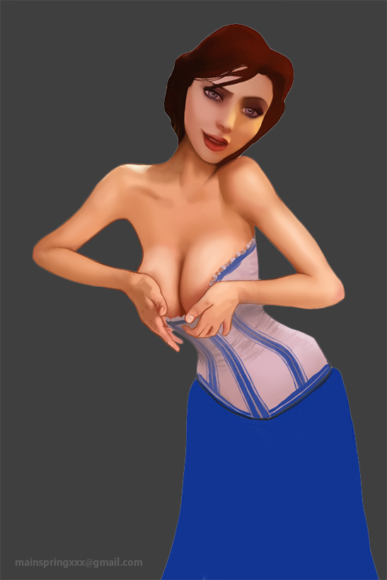 2013 3d athletic athletic_female bare_shoulders big_breasts bioshock bioshock_infinite blue_eyes breasts brown_hair bursting_breasts busty cleavage corset edit elizabeth_comstock female female_focus female_only hourglass_figure long_hair mainspring pinup pinup_pose ponytail skirt standing tagme wide_hips