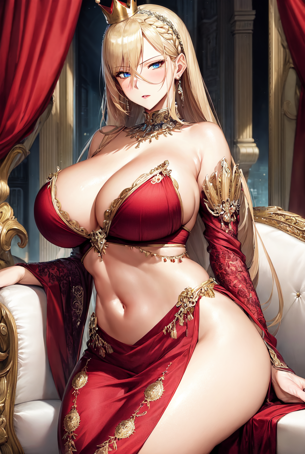 1girls 2023 ai_generated ai_hands attack_on_titan bangs big_breasts blonde_hair blue_eyes breasts_bigger_than_head cleavage clothed_female crown curvy_body curvy_female curvy_figure disappointed disapproval earrings female_focus frowning furrowed_brow gold_jewelry gold_trim hair_between_eyes historia_reiss hourglass_figure huge_breasts jewelry large_breasts long_hair mature mature_female milf navel necklace princess queen red_dress royalty scowl sitting sitting_on_throne solo_female solo_focus stable_diffusion throne voluptuous_female