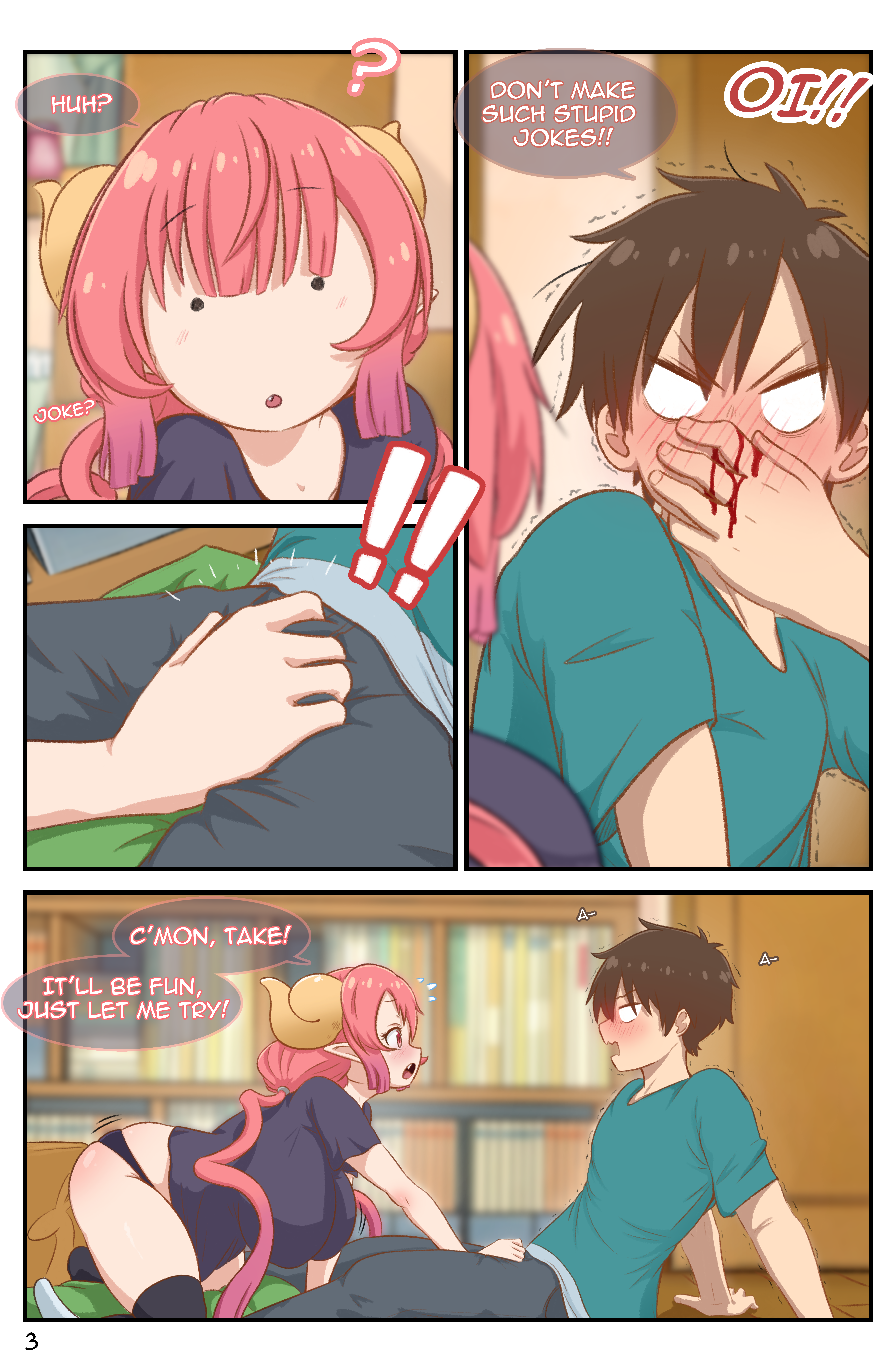 1boy, 1girls, breasts, canon couple, female, greatm8, horns, ilulu (dragon maid), kobayashi-san chi no maidragon, large breasts, male, miss kobayashi's dragon maid, pink eyes, pink hair, sharp teeth, taketo (dragon maid)