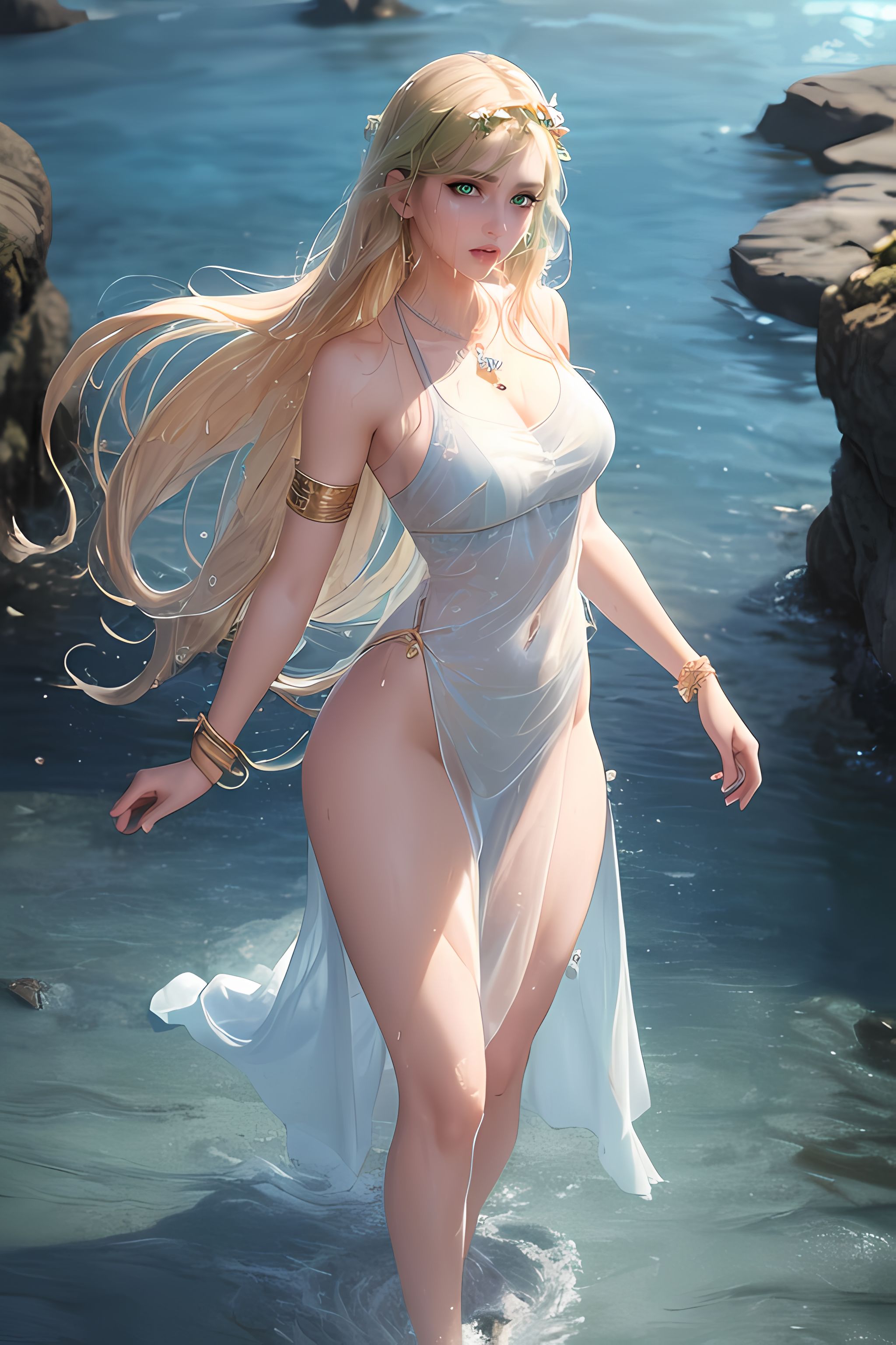 1girls, ai generated, ancient greece, aphrodite, aphrodite (greek mythology), bangles, belly button, blonde hair, bracelet, crown, dankmasterai, female, goddess, greek mythology, green eyes, hourglass figure, jewelry, necklace, see-through, see-through clothing, stable diffusion, tagme, water, wet, wet clothes, white dress, wide hips