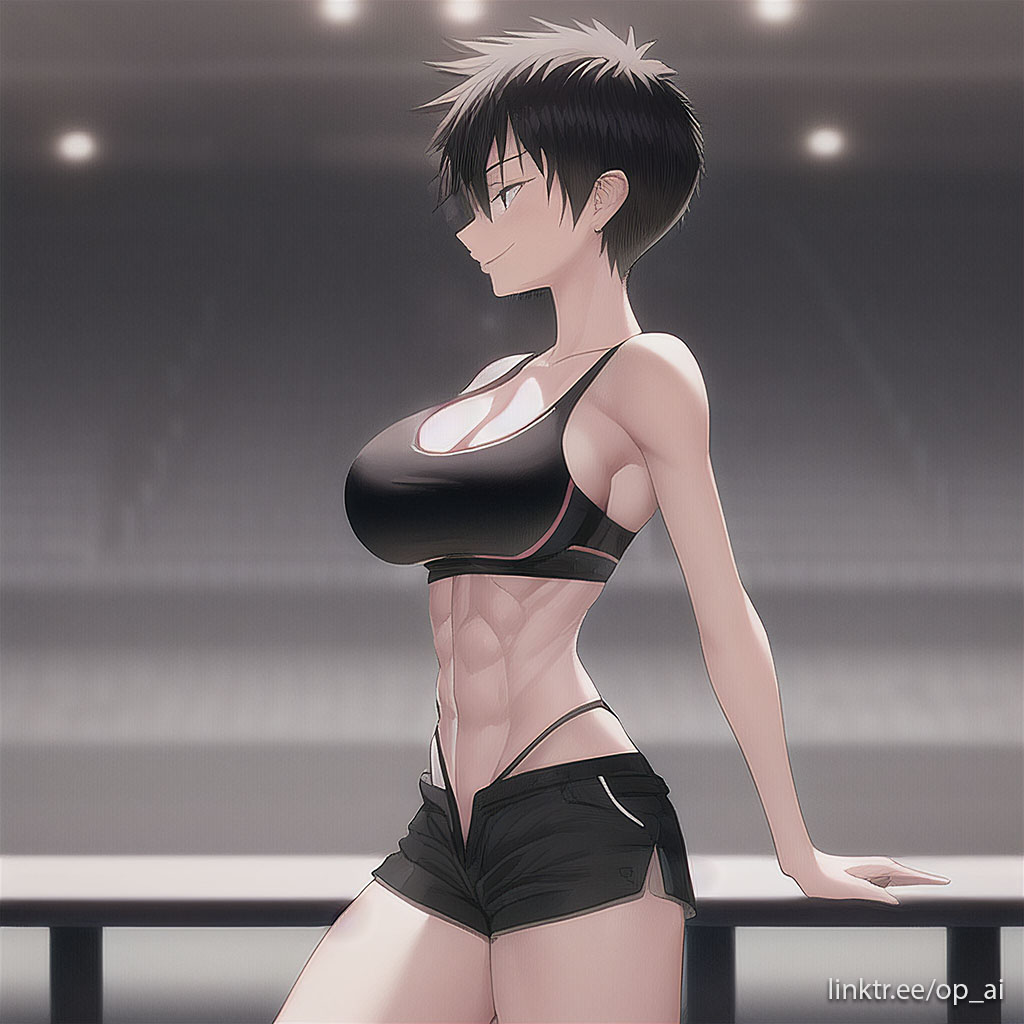 abs ai_generated athletic big_breasts black_hair breasts fit op_ai short_hair shorts toned