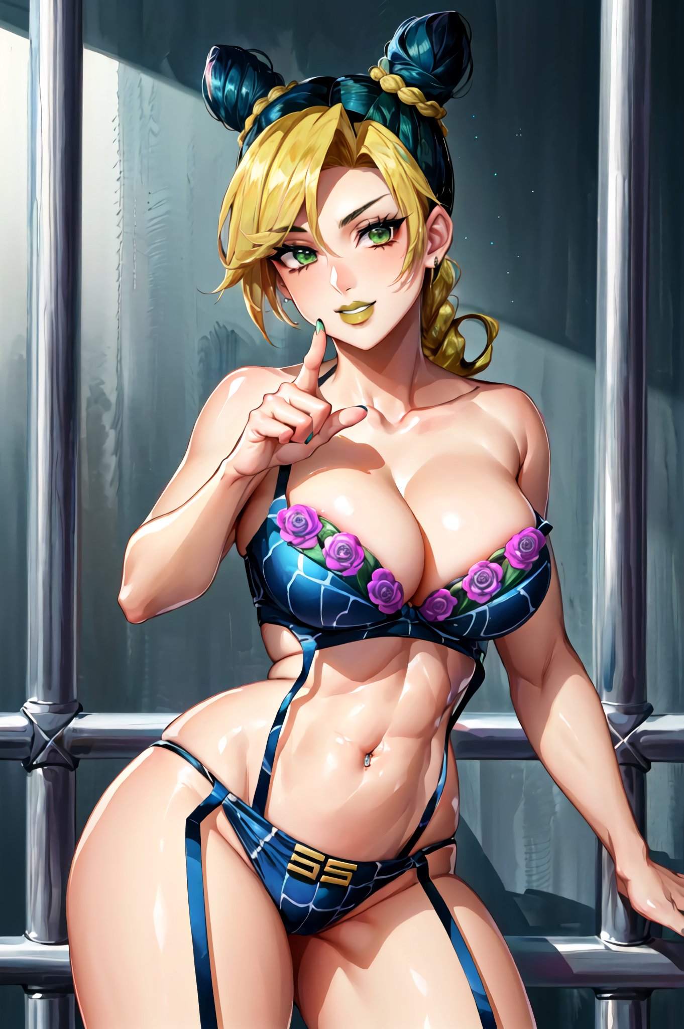 1girls, ai generated, breasts, curvaceous, curvy body, curvy female, curvy figure, female, female focus, female only, garter straps, huge breasts, jojo's bizarre adventure, jolyne kujo, looking at viewer, navel piercing, seductive look, solo female, solo focus, stable diffusion, stone ocean, voluptuous, voluptuous female