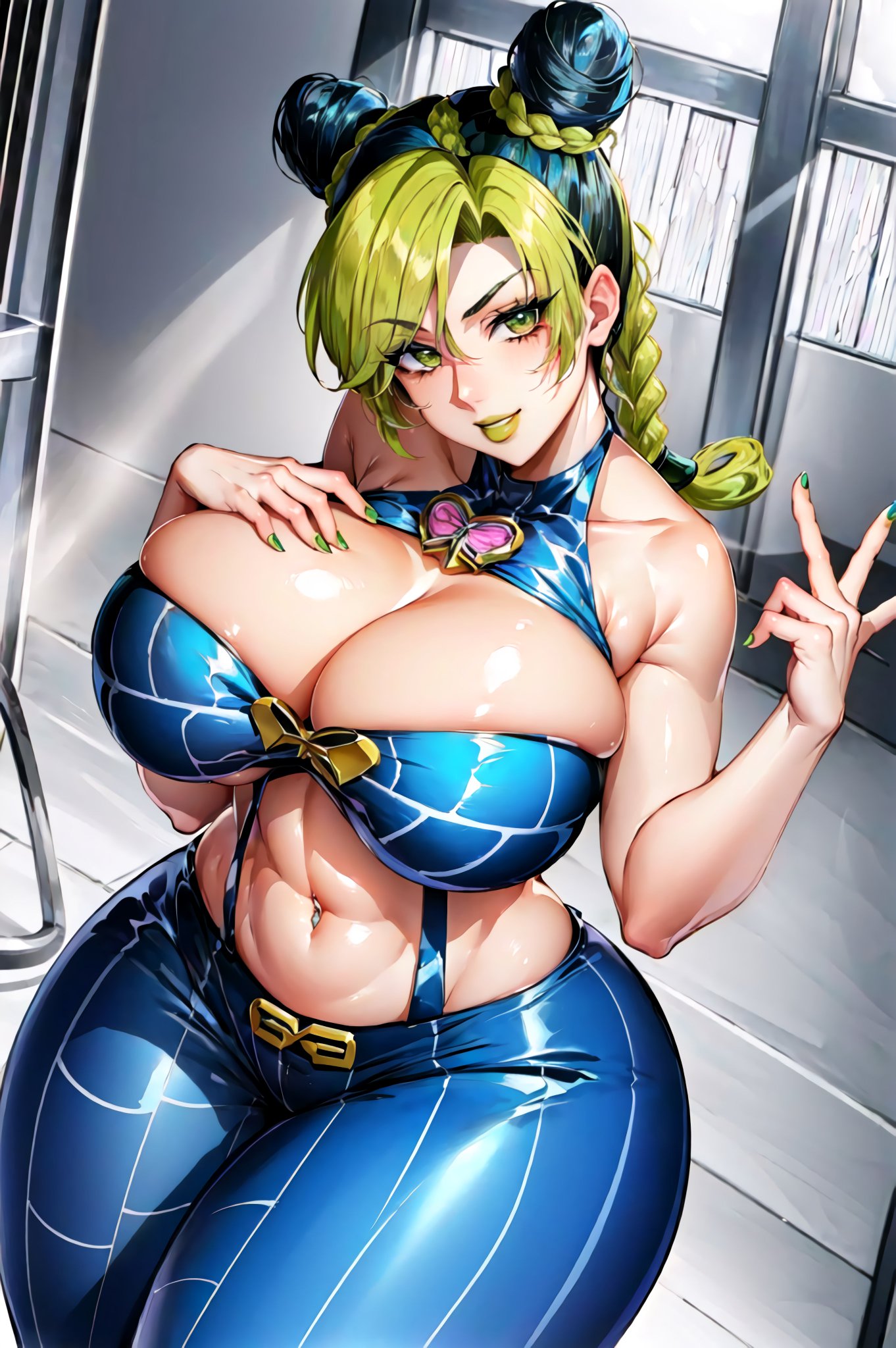 1girls, ai generated, breasts, curvaceous, curvy body, curvy female, curvy figure, female, huge breasts, jojo's bizarre adventure, jolyne kujo, looking at viewer, multicolored hair, navel piercing, seductive look, solo female, solo focus, stable diffusion, stone ocean