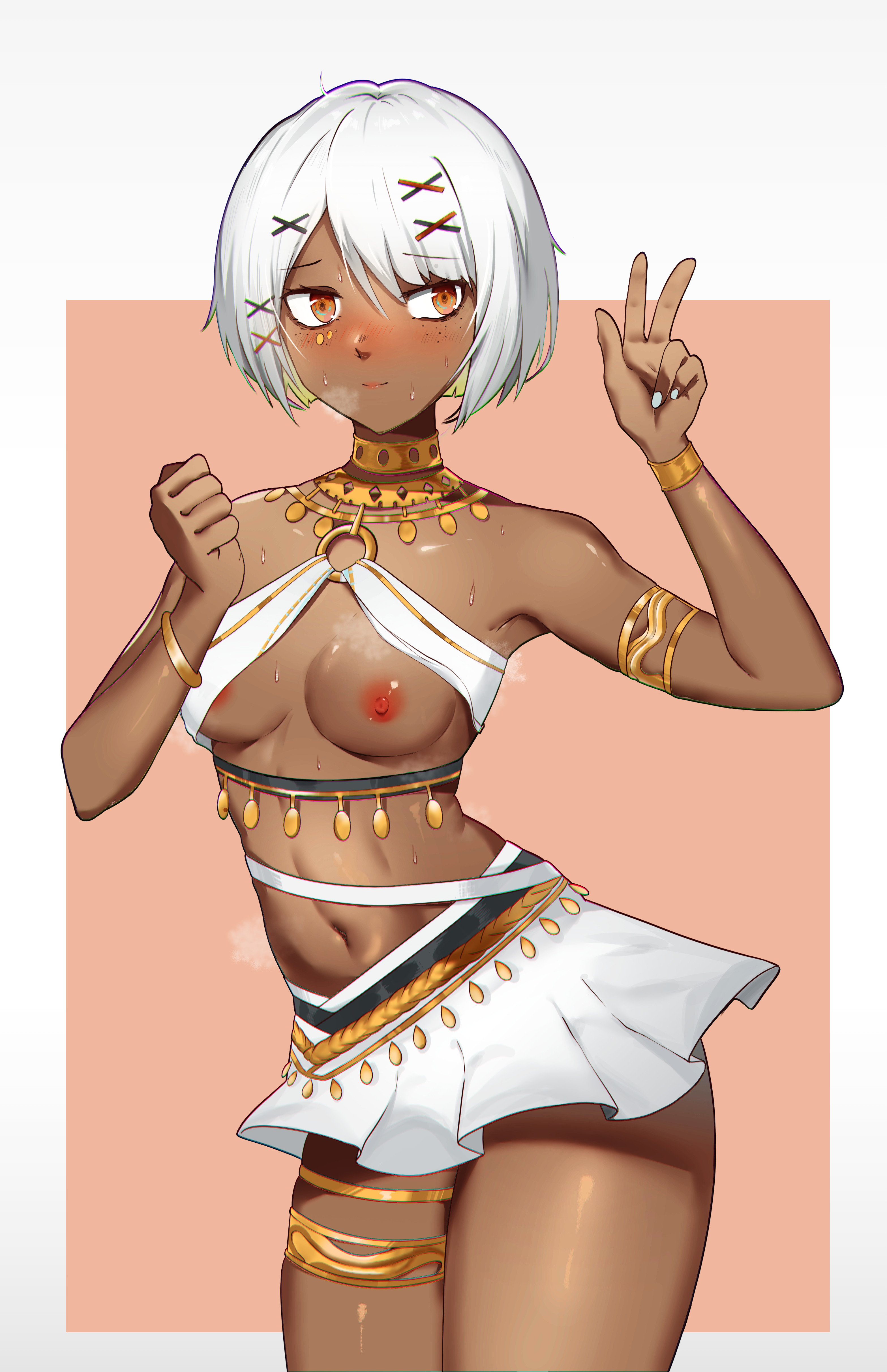 1girls, belly, belly dancer, breasts, dark skin, female, nipples, orange eyes, petite, punishing: gray raven, robot girl, short hair, small breasts, smile, solo, sophia (punishing: gray raven), standing, thighs, v sign, white hair