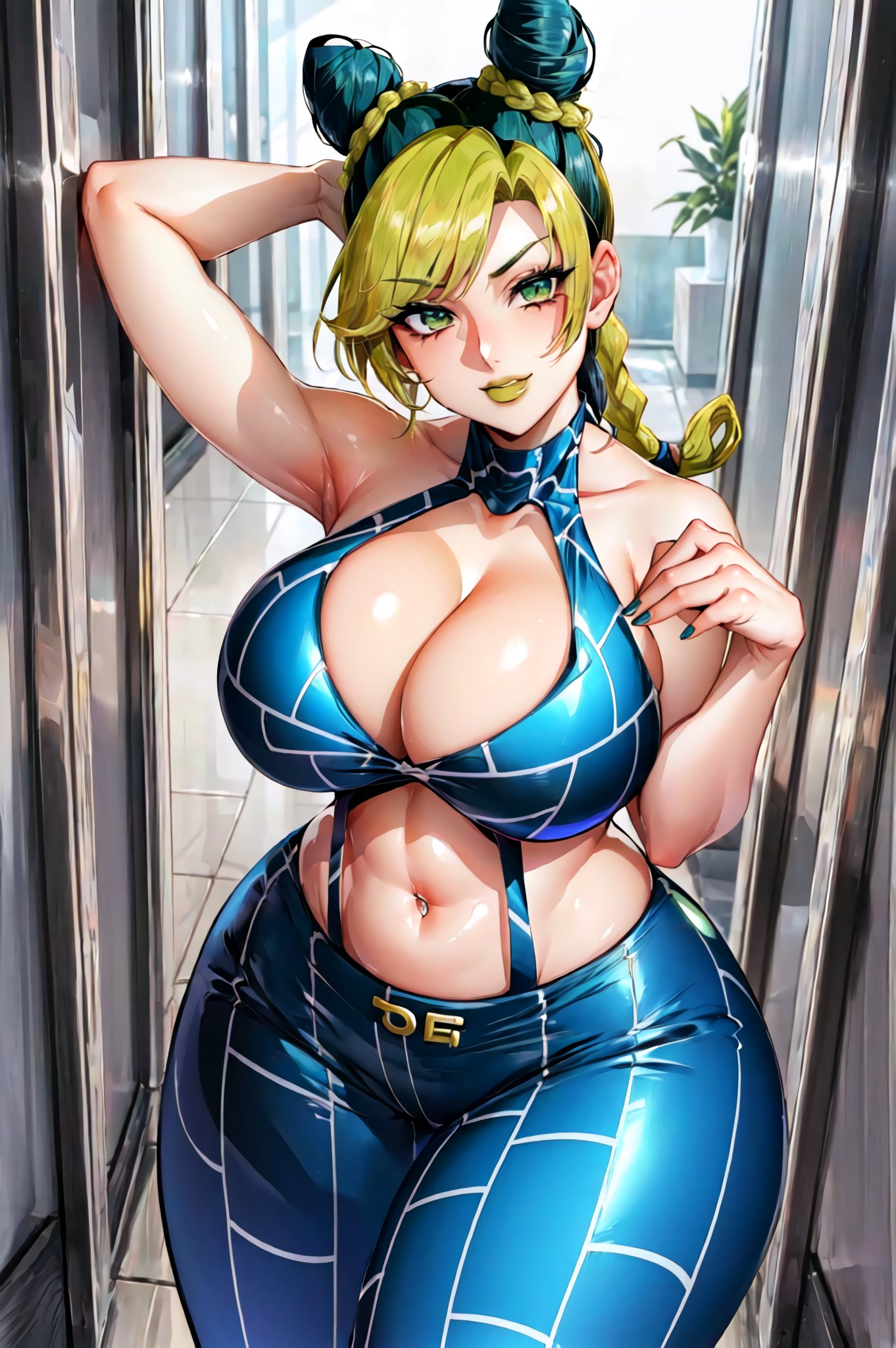 1girls, ai generated, breasts, curvy body, curvy female, curvy figure, female, huge breasts, jojo's bizarre adventure, jolyne kujo, multicolored hair, navel piercing, seductive look, stable diffusion, stone ocean