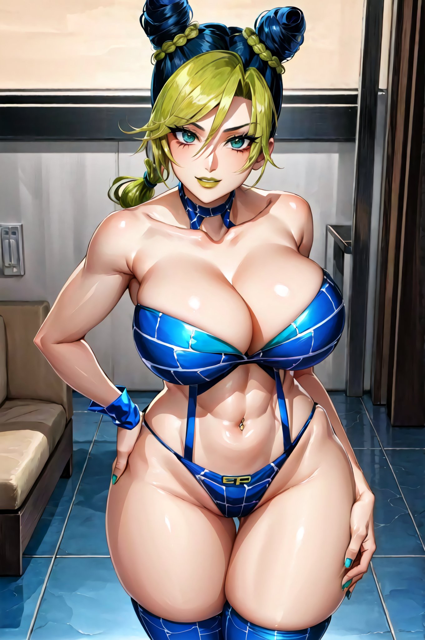 1girls, ai generated, breasts, curvaceous, curvy body, curvy female, curvy figure, female, hi res, highres, huge breasts, jojo's bizarre adventure, jolyne kujo, looking at viewer, multicolored hair, navel piercing, seductive look, solo female, solo focus, stable diffusion, stone ocean