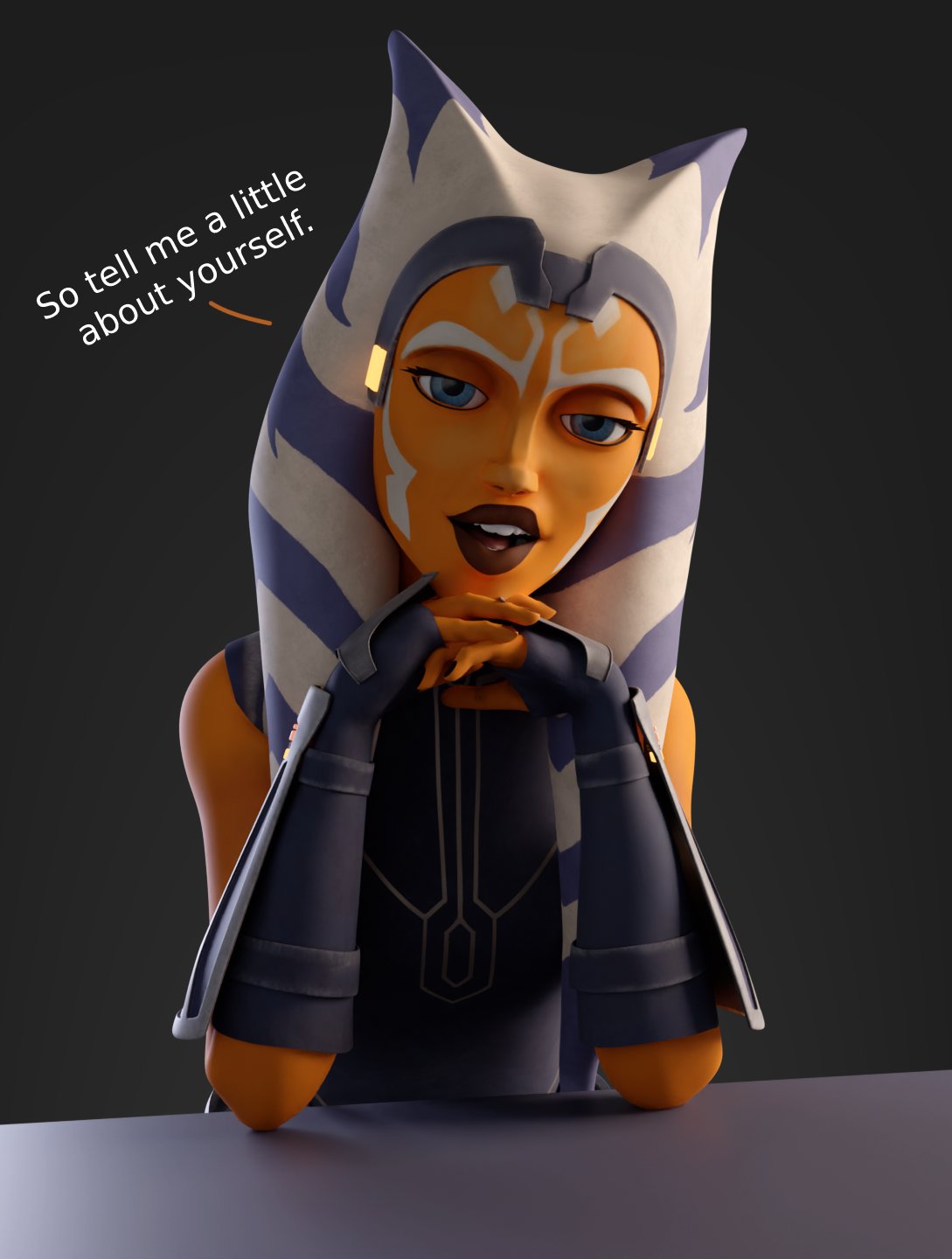 1girls, 3d, ahsoka tano, airress3d (3d-modeller), alien, alien girl, alien humanoid, alien only, athletic, athletic female, big breasts, breasts, busty, clone wars, clothed, clothed female, clothing, dark lips, dialogue, dress, english text, eyelashes, eyes, female, female focus, female only, fingerless gloves, fit, fit female, front view, fully clothed, gloves, headband, headgear, hips, horn, humanoid, humanoid only, large breasts, legs, light skin, light-skinned female, lips, long gloves, looking at viewer, lucasfilm, orange body, orange skin, orange-skinned female, sfw, sleeveless, sleeveless dress, smitty34, star wars, table, talking to viewer, teeth, tentacle hair, text, the clone wars: season seven, thick, thick legs, thick thighs, thighs, togruta, top heavy, upper body, vambraces, voluptuous, waist