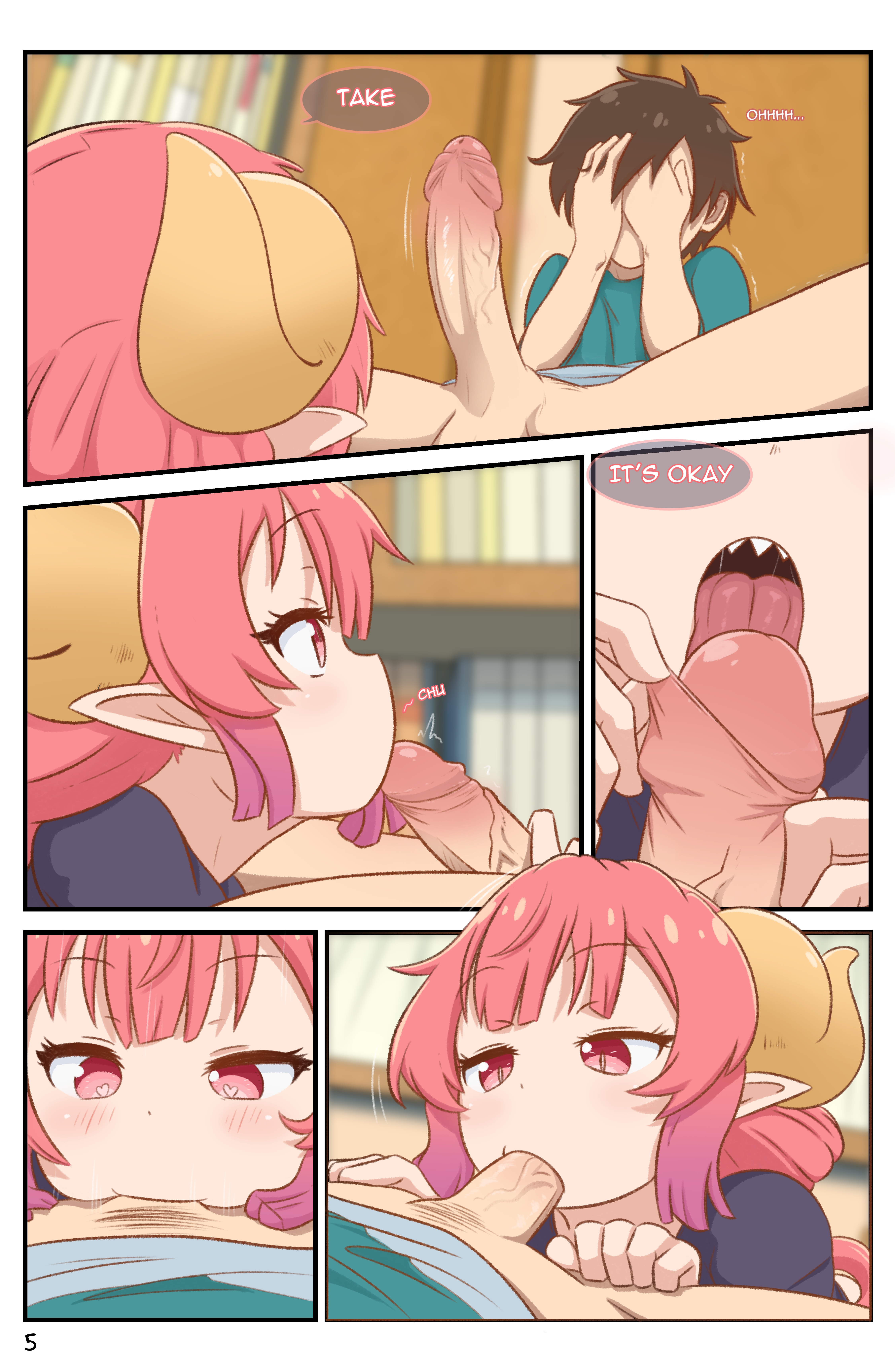 1boy, 1girls, breasts, canon couple, deepthroat, female, foreskin, foreskin play, greatm8, horns, ilulu (dragon maid), kobayashi-san chi no maidragon, large breasts, licking, licking penis, male, miss kobayashi's dragon maid, oral, penis, penis lick, pink eyes, pink hair, sharp teeth, taketo (dragon maid), uncircumcised