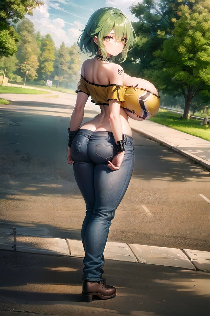 ai generated, ass, ass cleavage, ass crack, back turned, back view, bare shoulders, big breasts, blue pants, breasts, butt crack, cleavage, eyes, female, female only, gold eyes, green hair, hikage (senran kagura), huge breasts, kunoichi, large breasts, light skin, light-skinned female, looking at viewer, looking back, massive breasts, nai diffusion, navel, senran kagura, senran kagura (series), sideboob, stable diffusion, standing, street, trees, wide hips