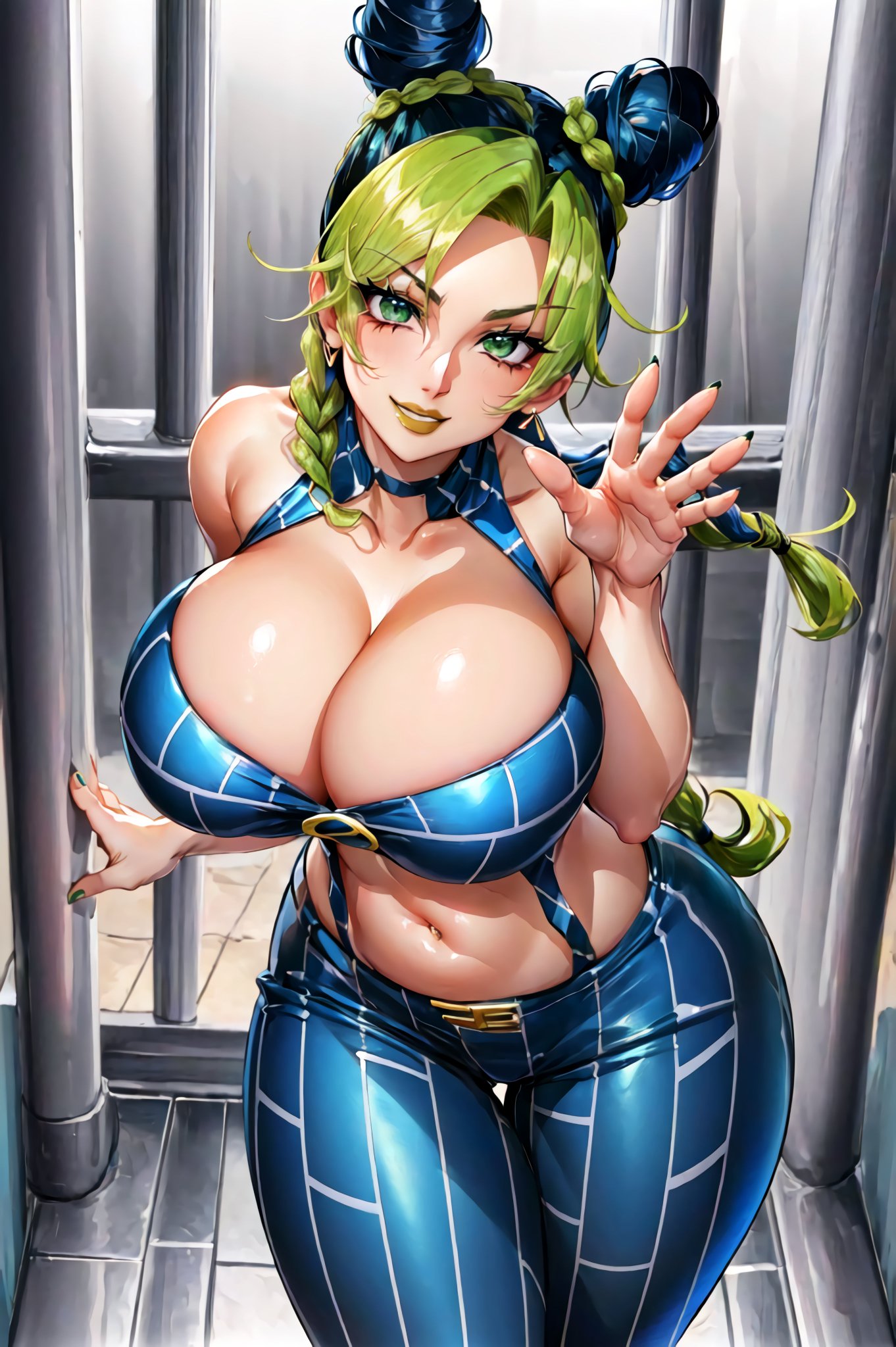 1girls, ai generated, breasts, curvaceous, curvy body, curvy female, curvy figure, female, female focus, female only, highres, huge breasts, jojo's bizarre adventure, jolyne kujo, multicolored hair, navel piercing, seductive look, solo female, solo focus, stable diffusion, stone ocean