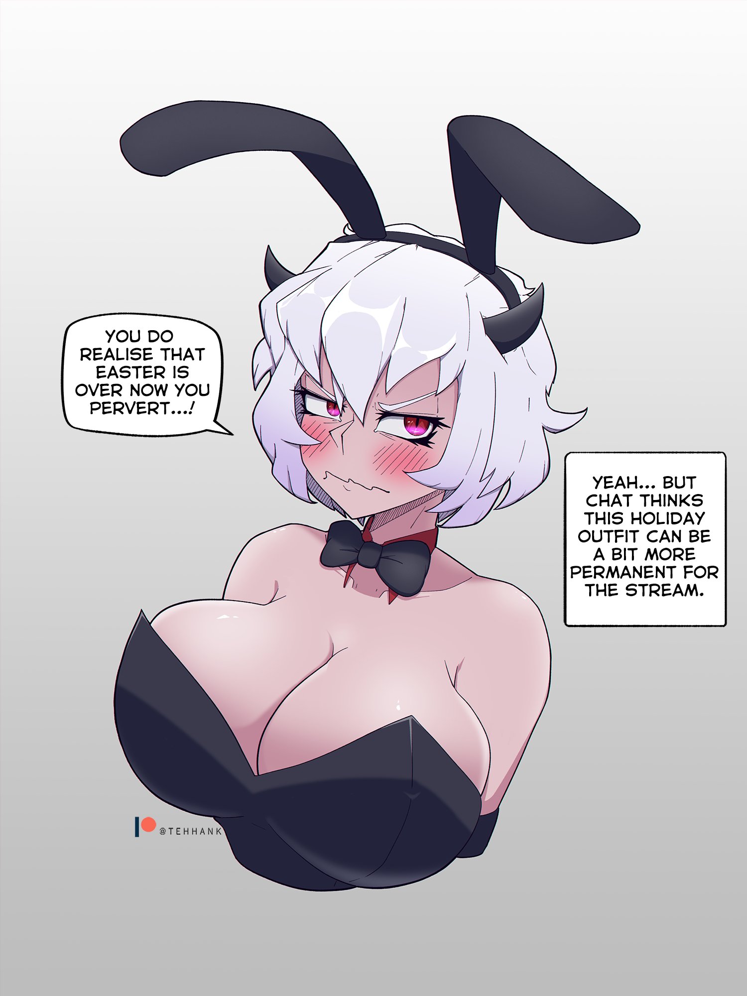 1girls, big breasts, blush, breasts, bunny ears, bunny girl, bunnysuit, cleavage, clothing, demon, demon girl, dialogue, english text, female, female only, helltaker, hi res, horns, light skin, light-skinned female, malina (helltaker), red eyes, ribbon, tehhank, text, white hair