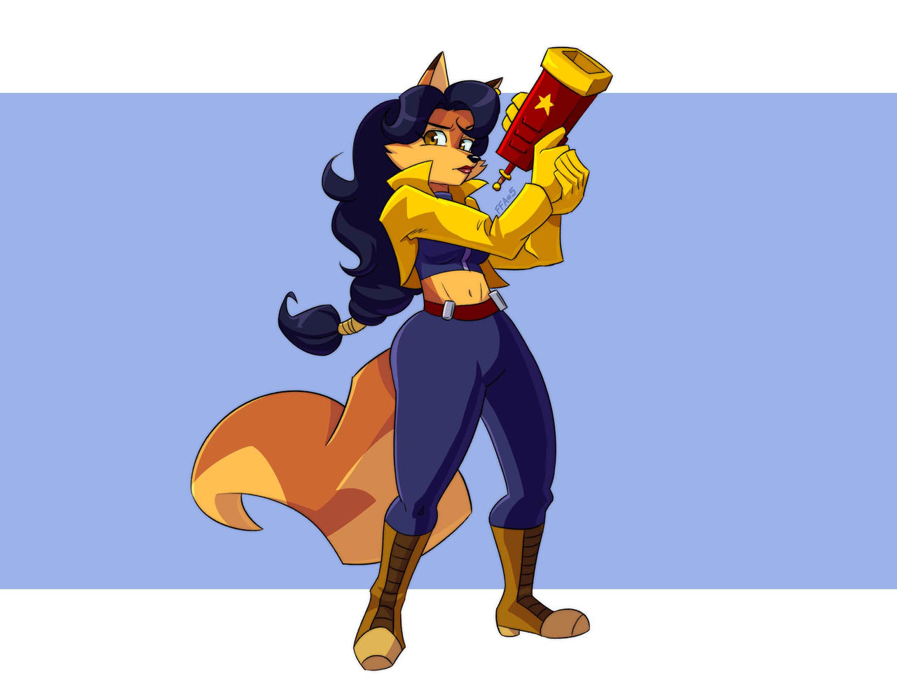 anthro blue_hair blue_pants boots carmelita_fox female ffa5 fox fox_ears fox_girl fox_tail furry gun orange_fur sequence shock_pistol sly_cooper_(series)