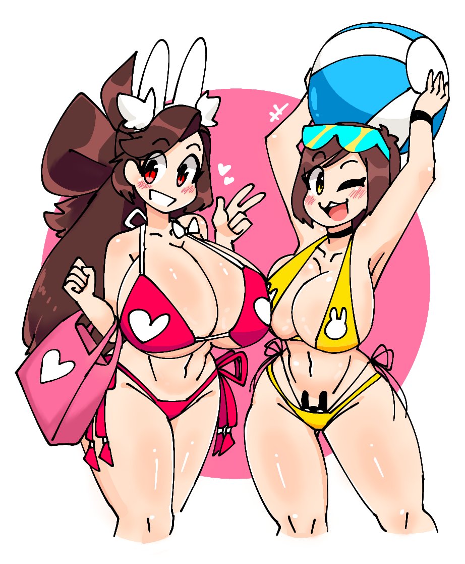 2girls beach_ball big_breasts bikini bunny_ears female female_only hakkim_animation mikkah_(hakkim_animation) misha_(hakkim_animation) multiple_girls tagme thick_thighs