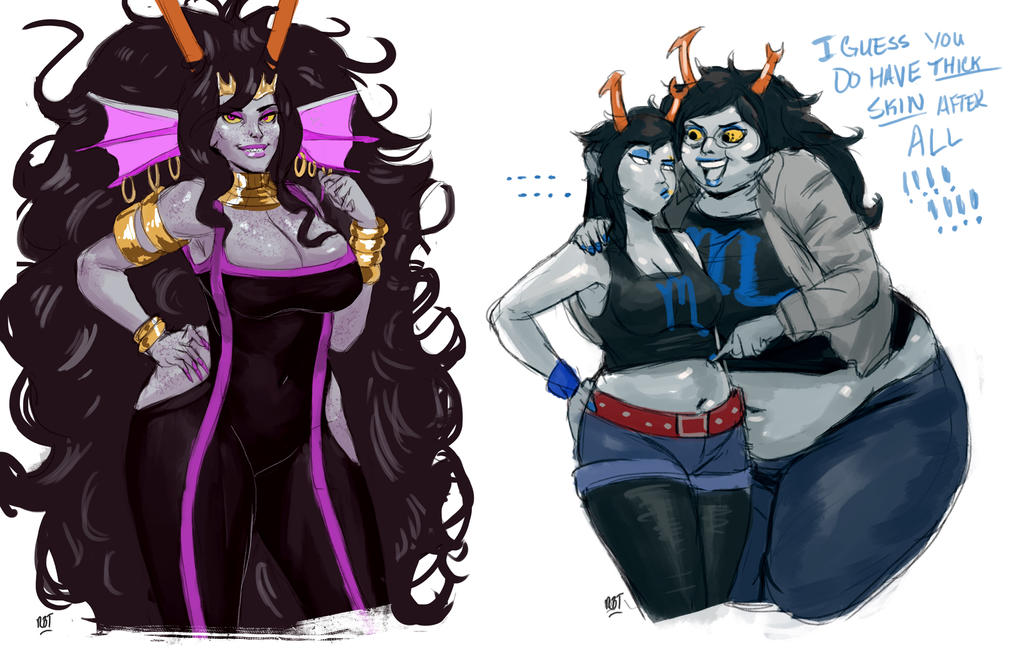 3girls belt chubby crop_top fat fat_woman female female_only fins glasses homestuck jeans jewelry lipstick long_hair multiple_girls redblacktac redfred skinsuit the_condesce tiara vriska_serket white_background