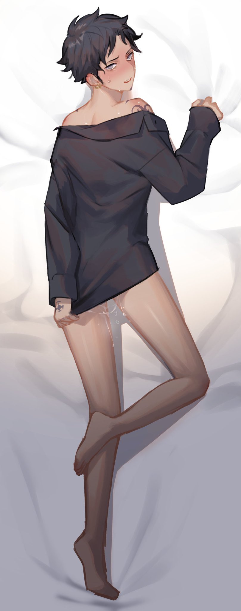 bare_shoulders barefoot black_hair blush bodily_fluids bottomless covering_self dakimakura dakimakura_design earrings full_body looking_at_viewer looking_back male male_only off_shoulder on_bed one_piece rear_view sideburns solo sweatdrop tanaka_1001 tattoo tattoos trafalgar_law twink