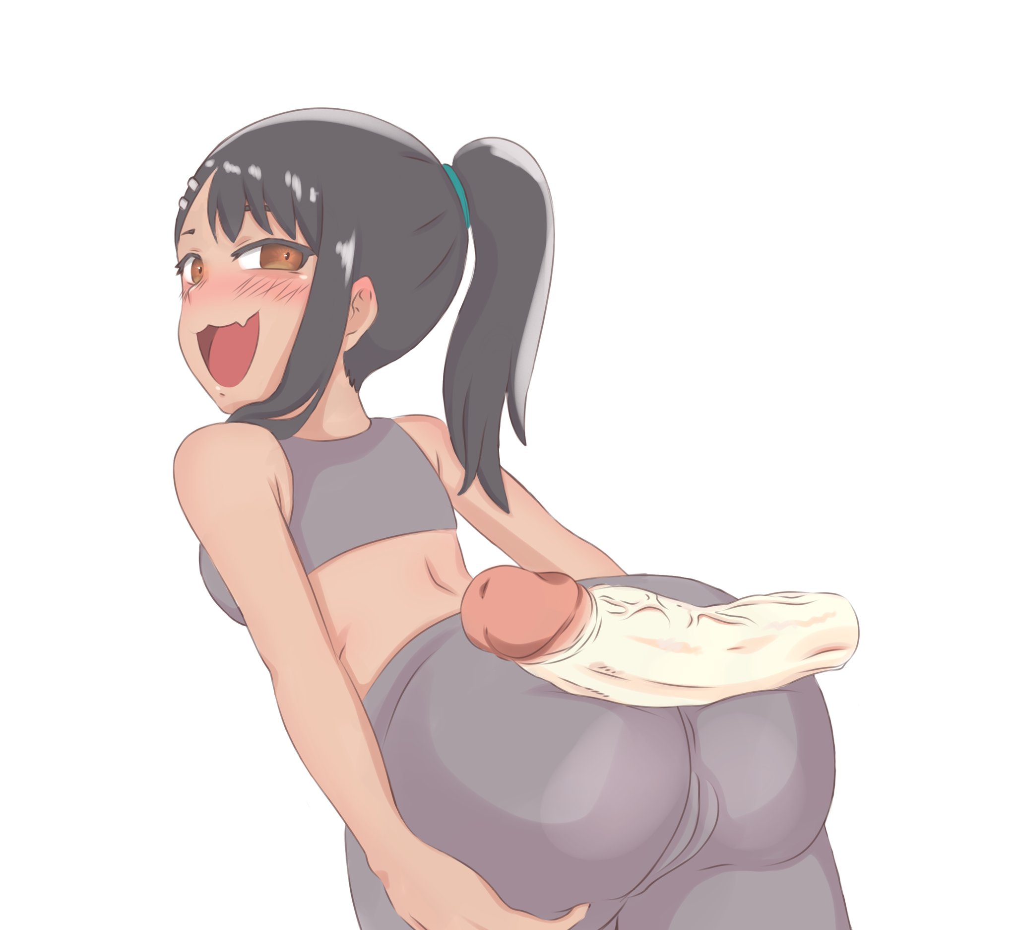 1boy, 1girls, ass, big penis, black hair, blush, breasts, brown eyes, clothed, clothing, erection, female, gym clothes, hayase nagatoro, hi res, highres, long hair, looking at viewer, looking back, male, naoto hachioji (senpai), nsakubo, open mouth, penis, penis on ass, please don't bully me, nagatoro, ponytail, revealing clothes, simple background, small breasts, tan, tan body, tan skin, tan-skinned female, tanned, tanned female, veiny penis, viewed from behind, white background